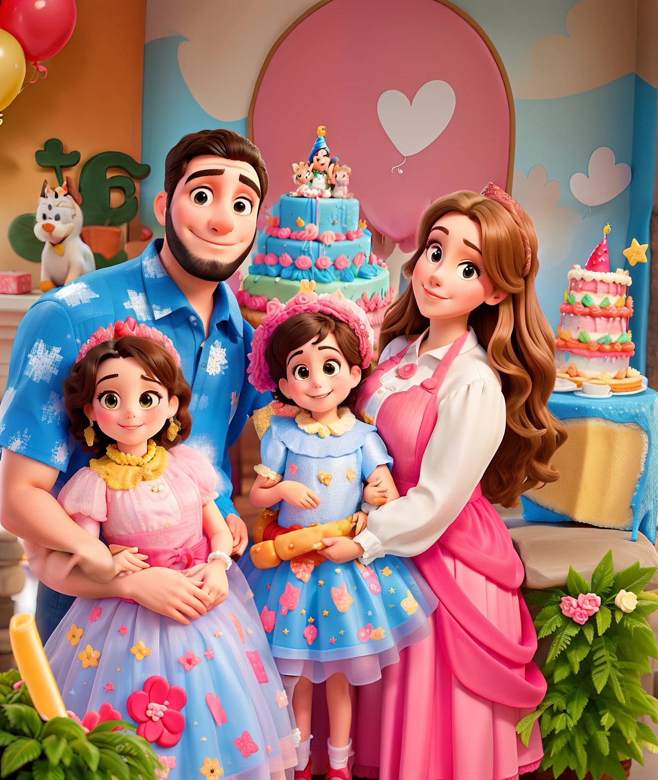 Araffe family posing for a photo in front of a birthday cake, Disney pixel
