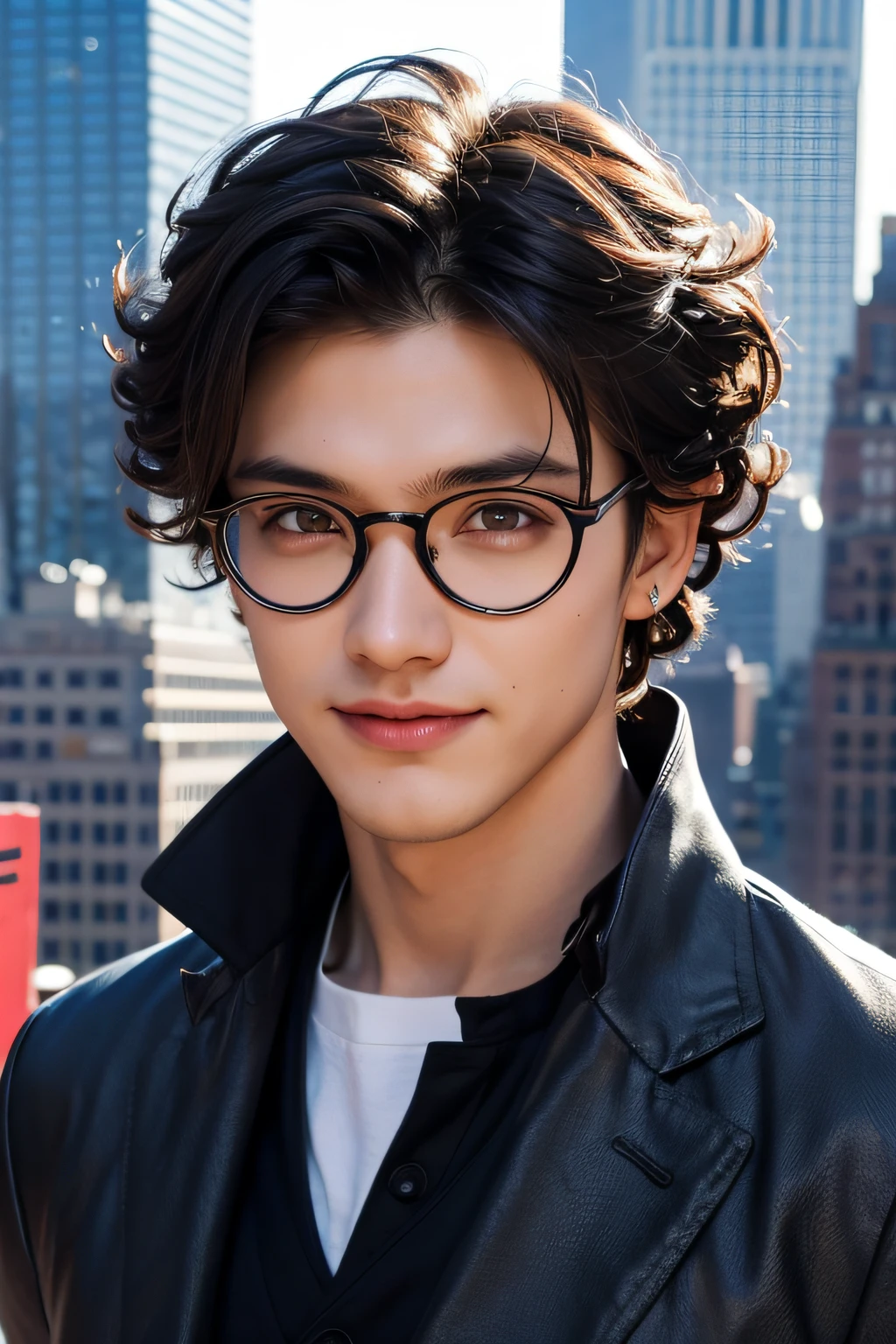 Spider suit, spider web print, spider webs, spider-man, masutepiece, Absurd, Fine details, nffsw, ((Highly detailed face and eyes)), Photorealistic,, Focus on the eyes,, standing on the roof of a skyscrapper, ((no mask on)), Looking at the viewer, Smiling, Black hair, boy focus, Big hair, Curly hair, Round glasses, earrings, , new york buildings background,