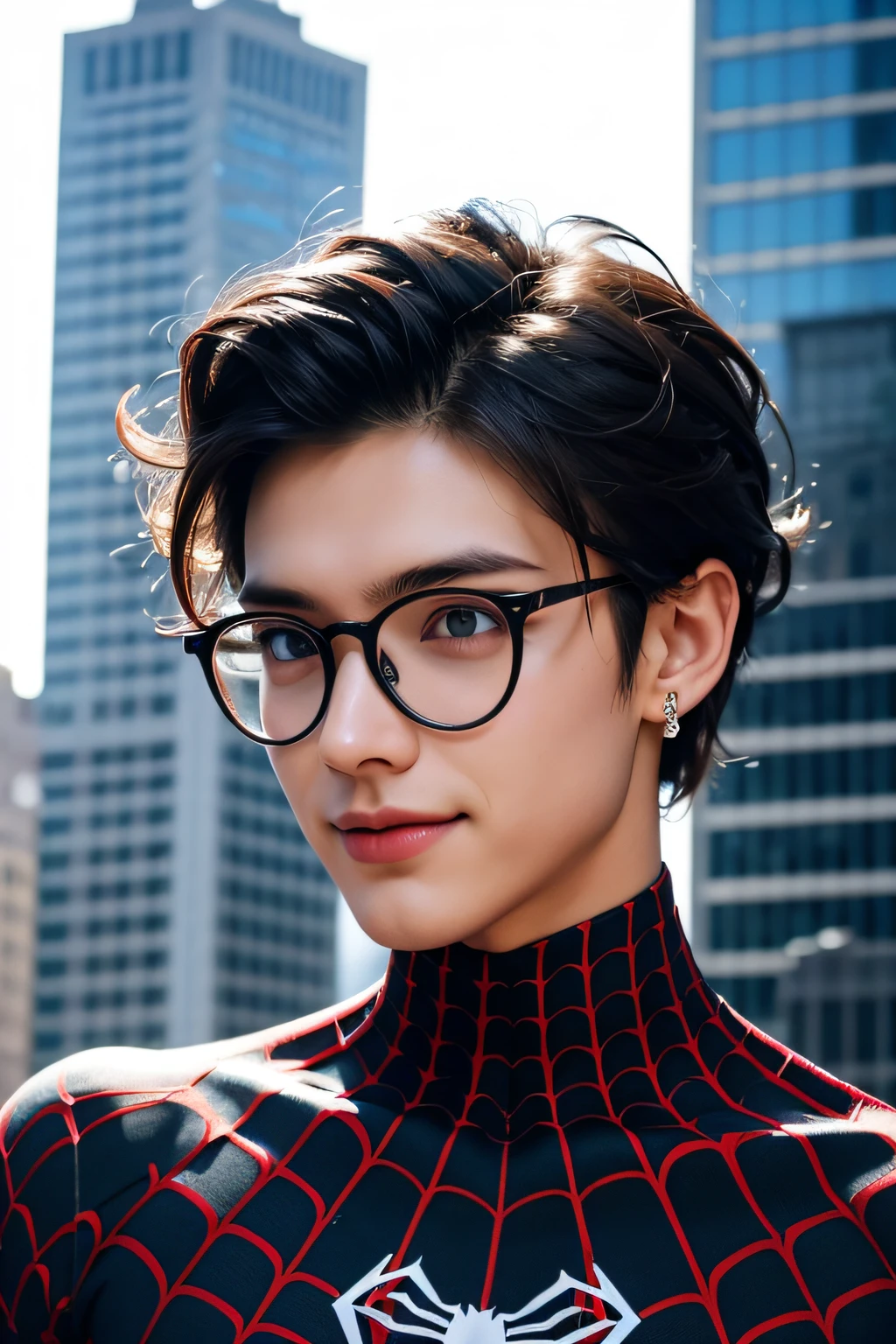 Spider suit, spider web print, spider webs, spider-man, masutepiece, Absurd, Fine details, nffsw, ((Highly detailed face and eyes)), Photorealistic,, Focus on the eyes,, standing on the roof of a skyscrapper, ((no mask on)), Looking at the viewer, Smiling, Black hair, boy focus, Big hair, Curly hair, Round glasses, earrings, , new york buildings background,
