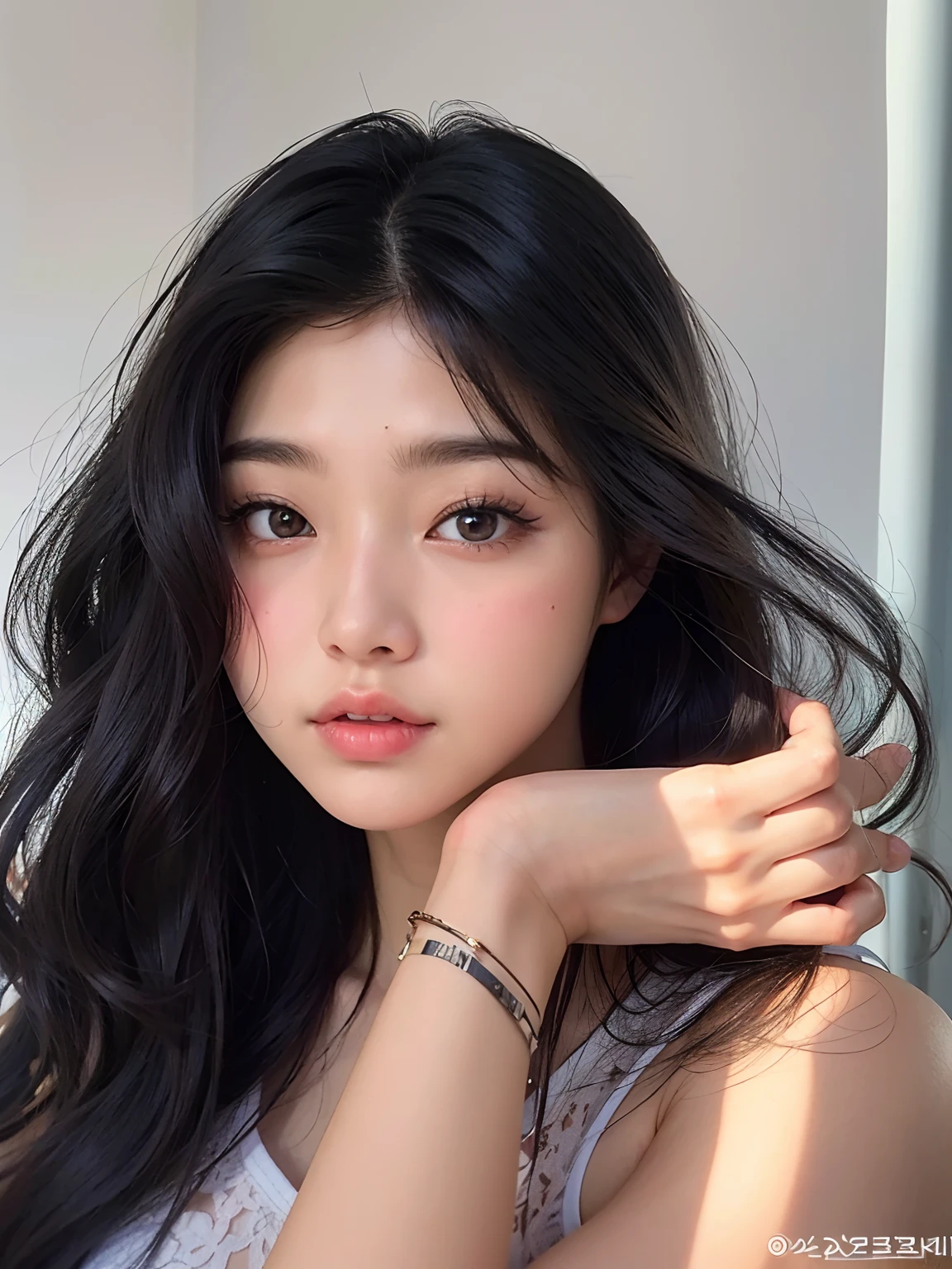 A closeup of a woman with long hair and a tattoo on her arm, menina coreana, Mulher sul-coreana bonita, korean face features, Beautiful Asian girl, asian features, linda mulher coreana jovem, young adorable korean face, mulher coreana jovem bonita, south east asian with round face, maquiagem sul-coreana popular, Asian face, beautiful aesthetic face, maquiagem coreana popular