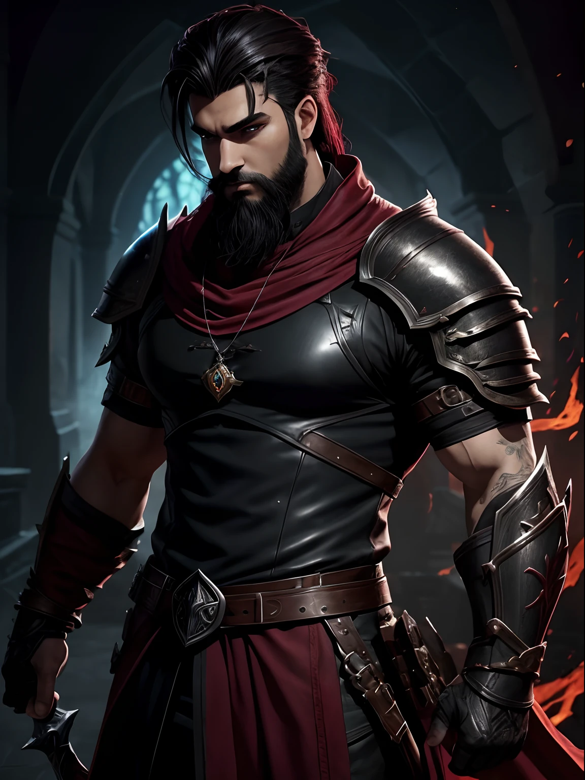 League of Legends,Shadow Whistle Akshan,An epic wallpaper for a man, Gothic style, brunette color hair, Dark leather armor, lbeard, dark red eyes, Splash proof, aesthetic for Tshirt design, highly detailed, medieval, darkly, bloods,8k