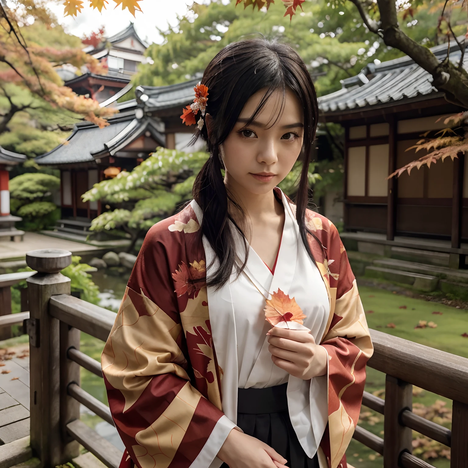 copy
Best quality，超高分辨率，（真实感：1.4），1girl，Wearing a kimono and holding a red maple leaf，（Black hair：1），（dew：1.2），looking at viewert，Close-up The background is autumn in Kyoto with maple leaves