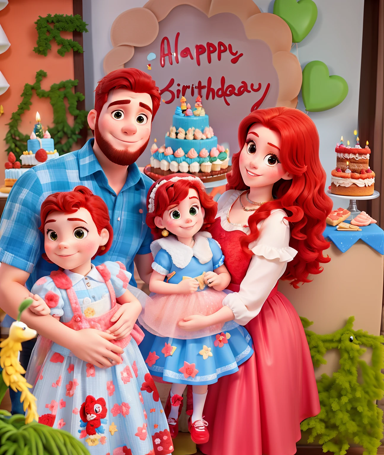 Araffe family red hair posing for a photo in front of a birthday cake, Pixel da Disney