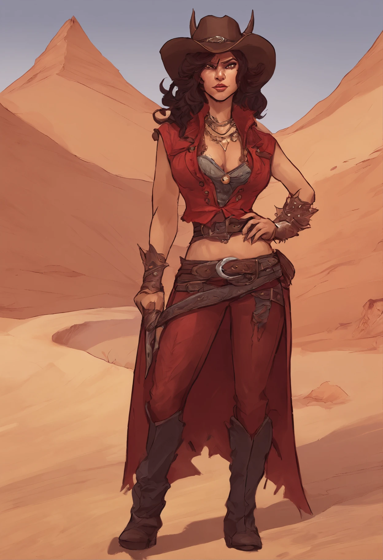 female tiefling devil rpg character with round ram horns and light red skin. wearing gunslinger cowboy outlaw style outfit. sexy cute but fully clothed. dark hair medium length hair holding gun. Setting is in desert old western style
