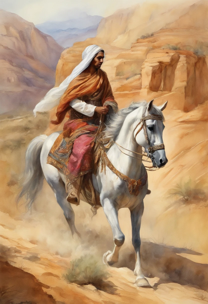 A noble, wonderful and beautiful arabian princess and the old white-bearded vizier ride both on horseback through the mountainous desert