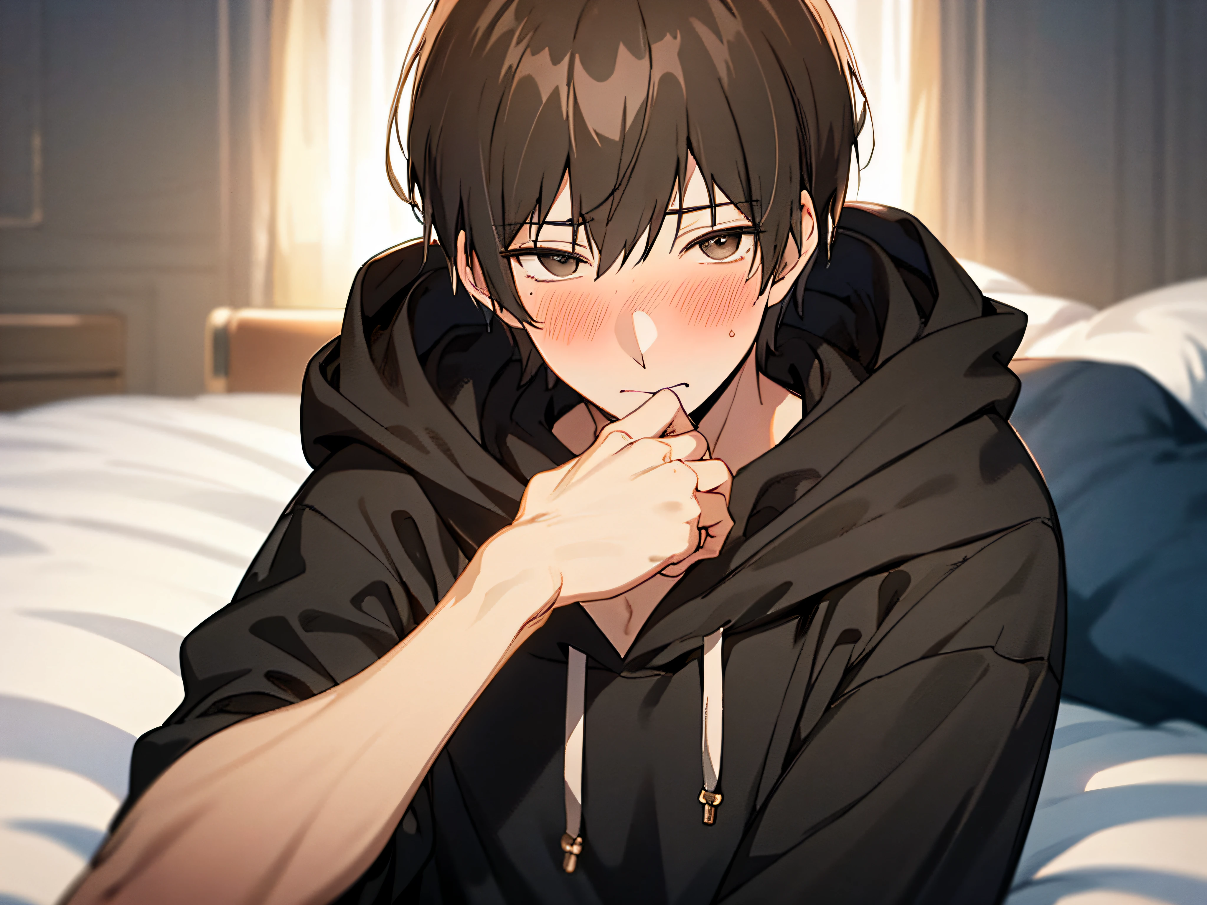 Steppiece, Best Quality, High quality, 1boy, Solo, Male Focus, Looking at Viewer, upper body , Eyes Black, A dark-haired, , Hoodie,Hold out your hand to me, blush, Shy,a bed