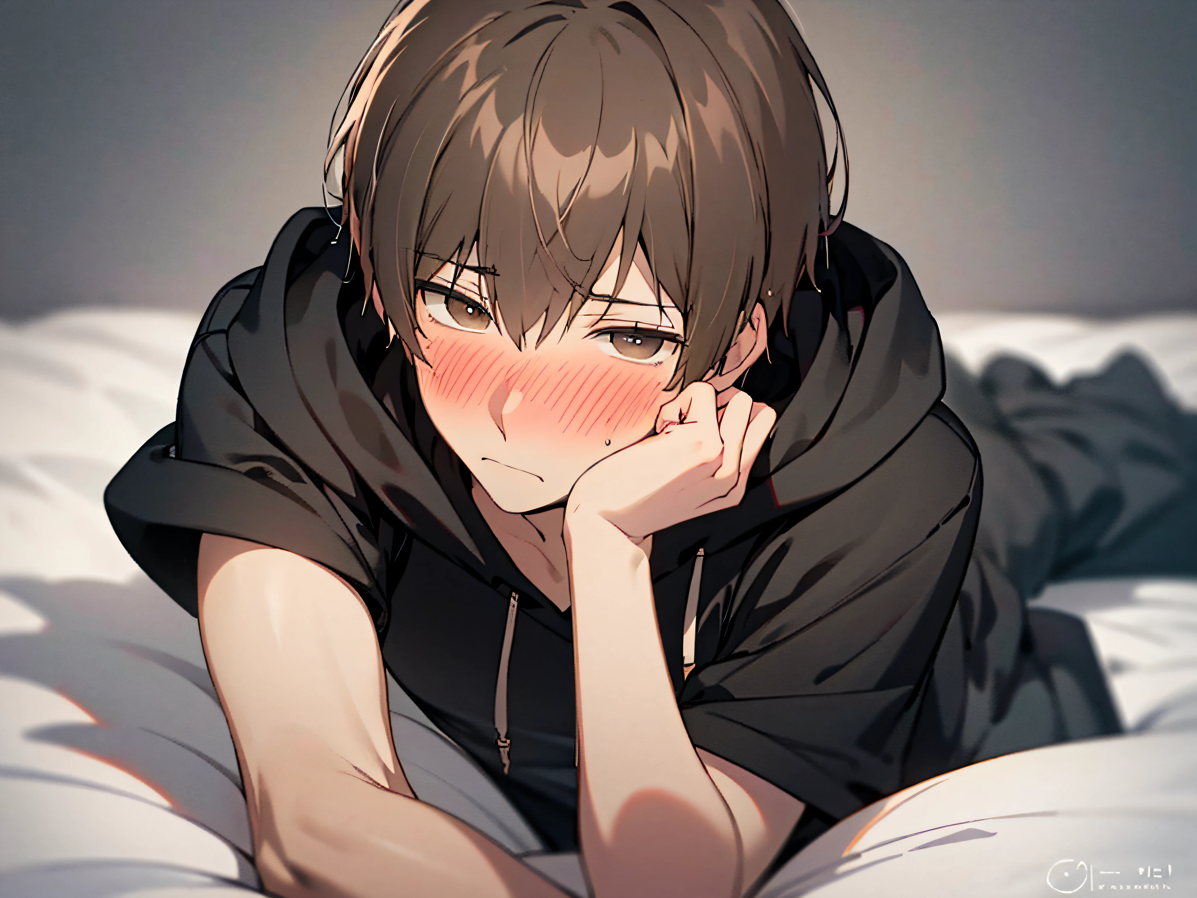 Steppiece, Best Quality, High quality, 1boy, Solo, Male Focus, Looking at Viewer, upper body , Eyes Black, A dark-haired, , Hoodie,all-fours、 blush, Shy,a bed