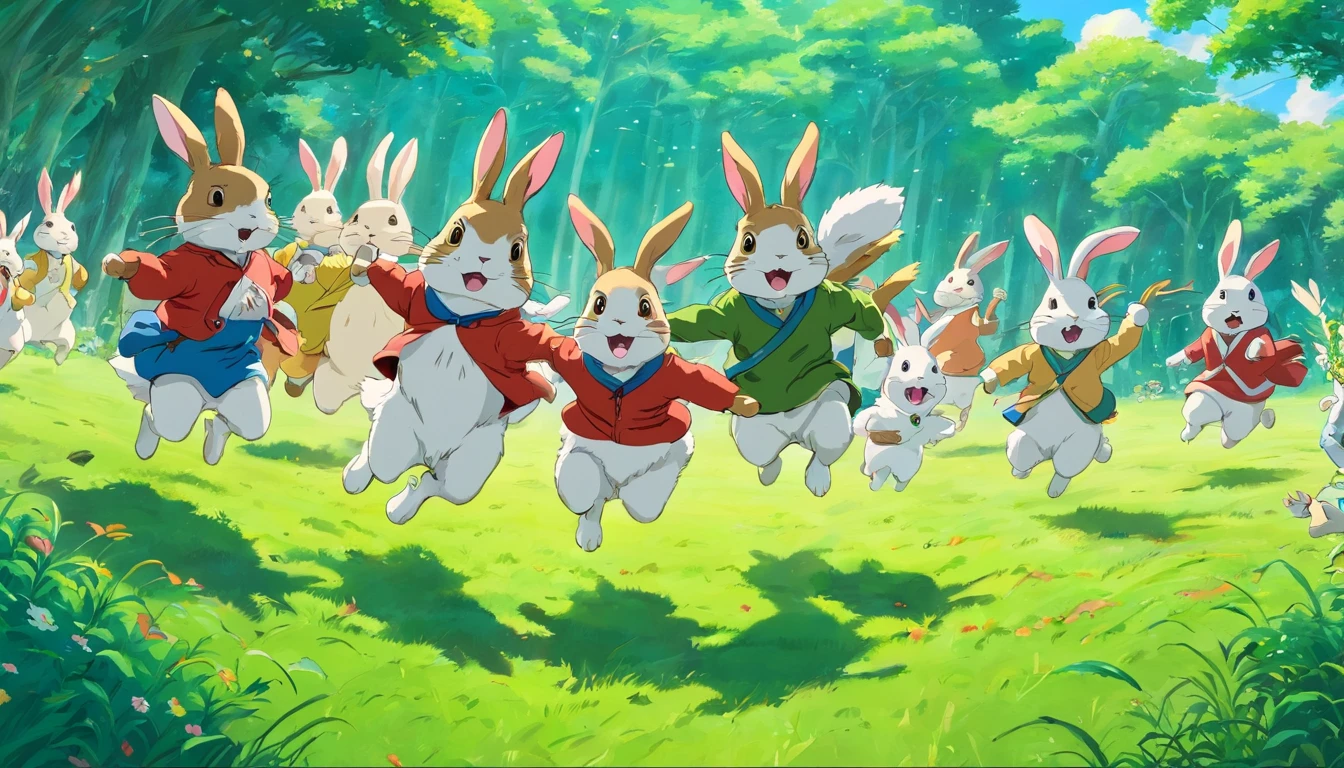 A group of rabbits jumping and running on the grass