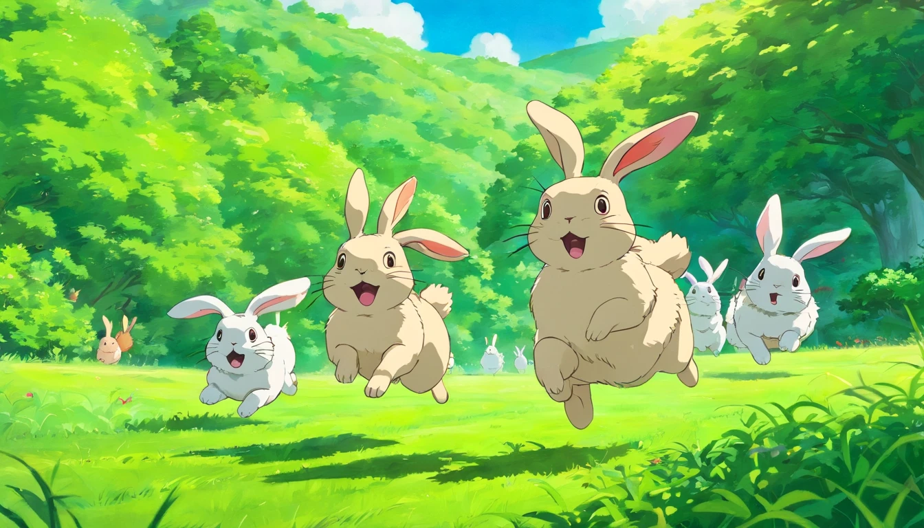 A group of rabbits jumping and running on the grass