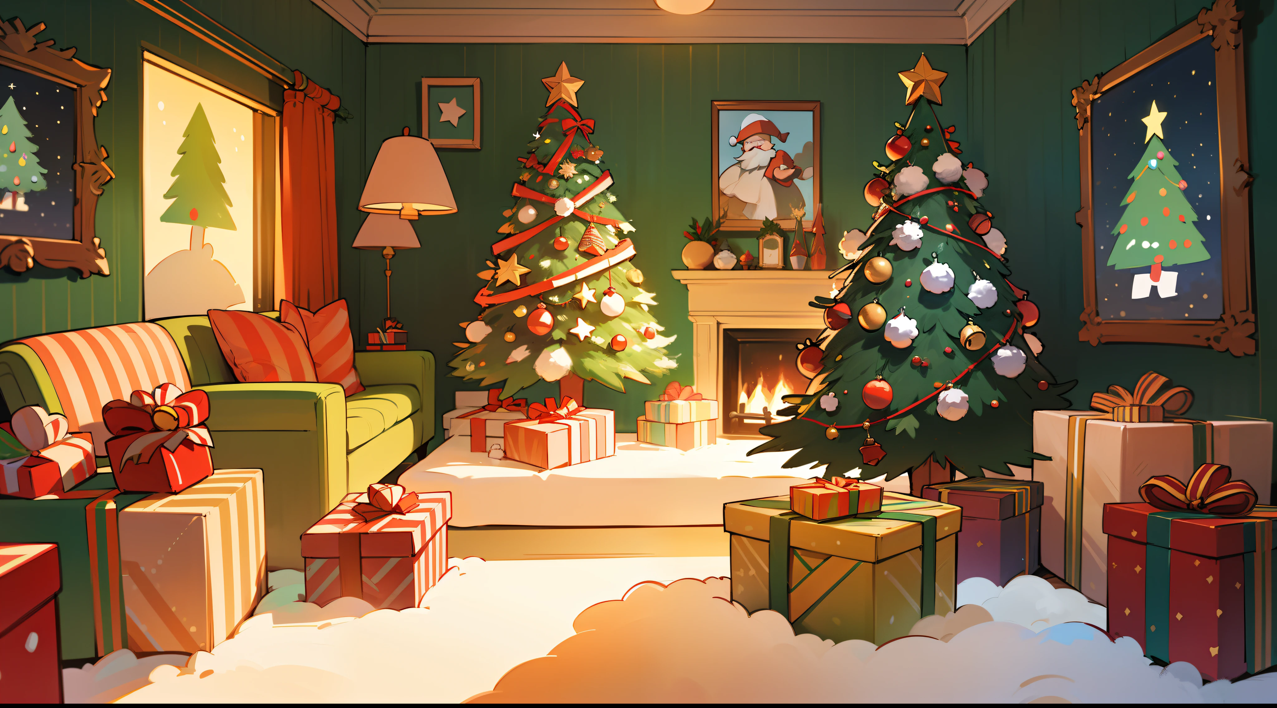 best qualtiy,16k,8K,True exposure,Ray traching,Excellent image quality,Christmas poster,Childlike,Christmas atmosphere,A real Christmas tree,pompon,bell,Luminous colored light bar,inside in room,Chilling,Santa Claus hat,Christmas decorations are hung on the wall,snowflower