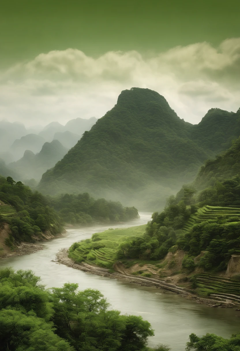 Chinese painting, Green landscape, Magnificent, Scripted landscapes, Song Dynasty scenery, Masterpiece, Best quality, Very detailed, detail-rich, High mountains and flowing water