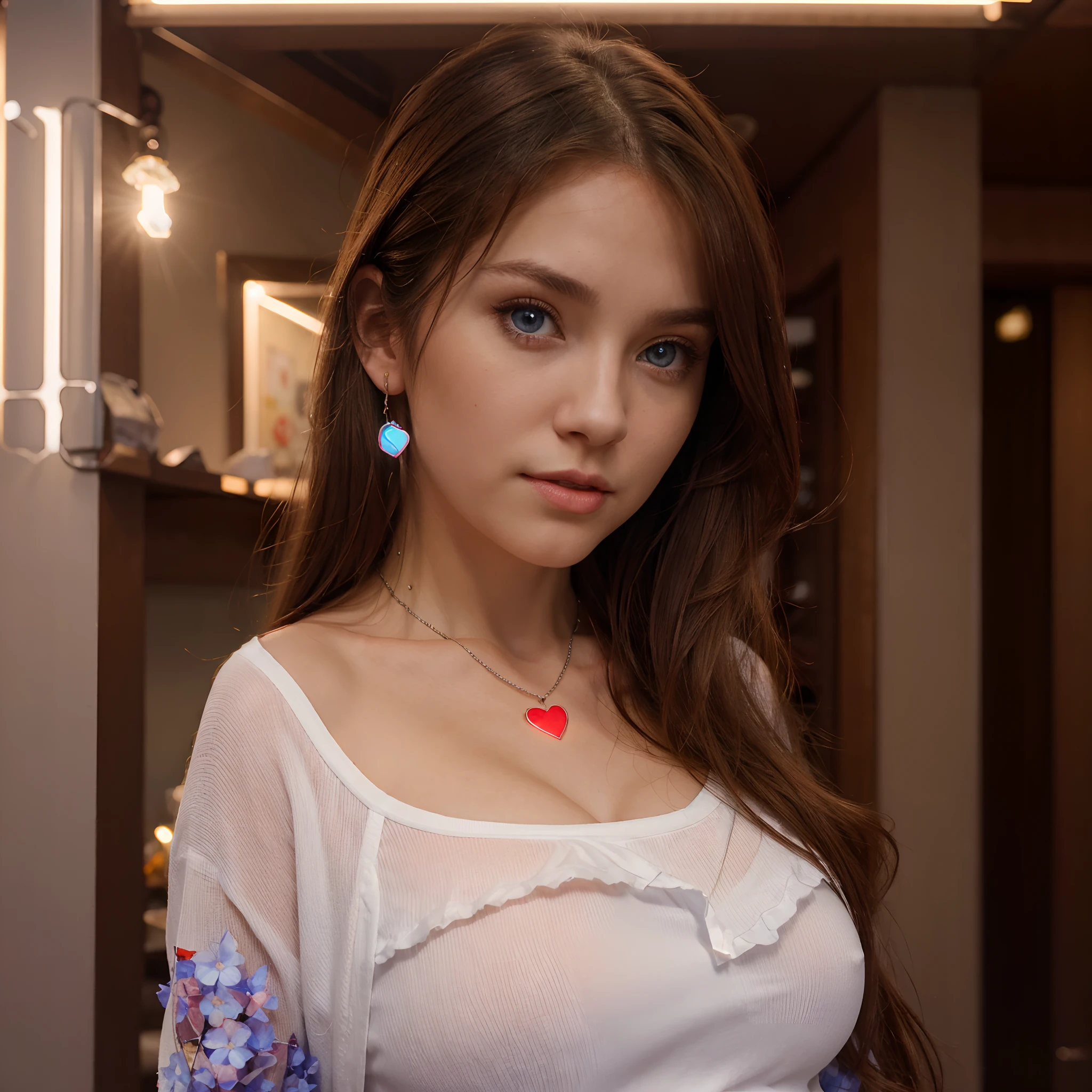 4k, June scenery, Beautiful woman, long hair, brown hair, medium breasts, blue eyes, white shirt, hot pants, neon red heart necklace, looking at viewer, night, colorful hydrangea