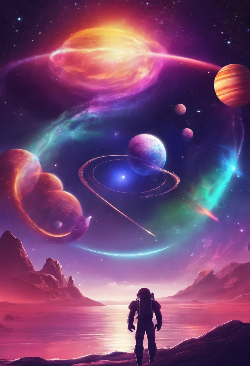 Fantastic landscapes of exotic planets, Planet with bright rainbow and rings in the sky