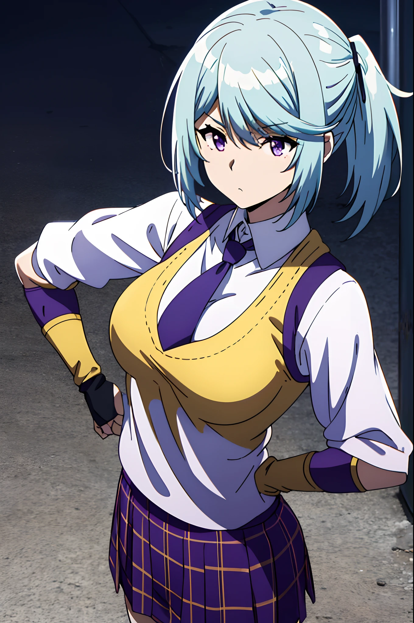 kurumu, purple eyes, blue hair, short hair, ponytail, yellow sweater vest, white shirt,green plaid skirt, red bow, necktie, purple headdress, star \(symbol\), purple hair ribbon, kurumu, purple eyes, blue hair, short hair, ponytail, yellow frilly bikini,purple headdress, star \(symbol\), purple hair ribbon <lora:kurumu_v0_3_dadap: