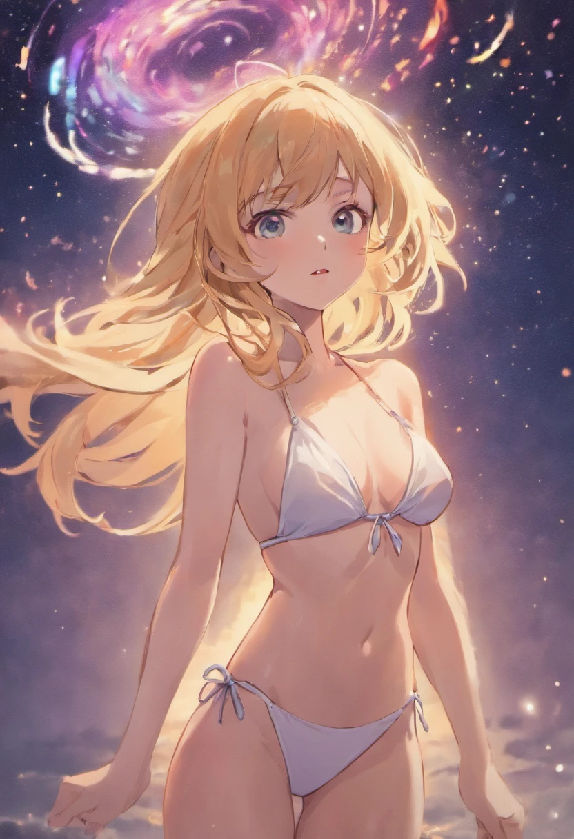 there is a woman in a white bikini , she has a glow coming from her, stars in her eyes, with stars, more tan face, perfectly lit face, stars in her gazing eyes, markings on her face, tanned, olive skinned, bella poarch, slightly tanned, glowing face, profile image, piercing glowing eyes