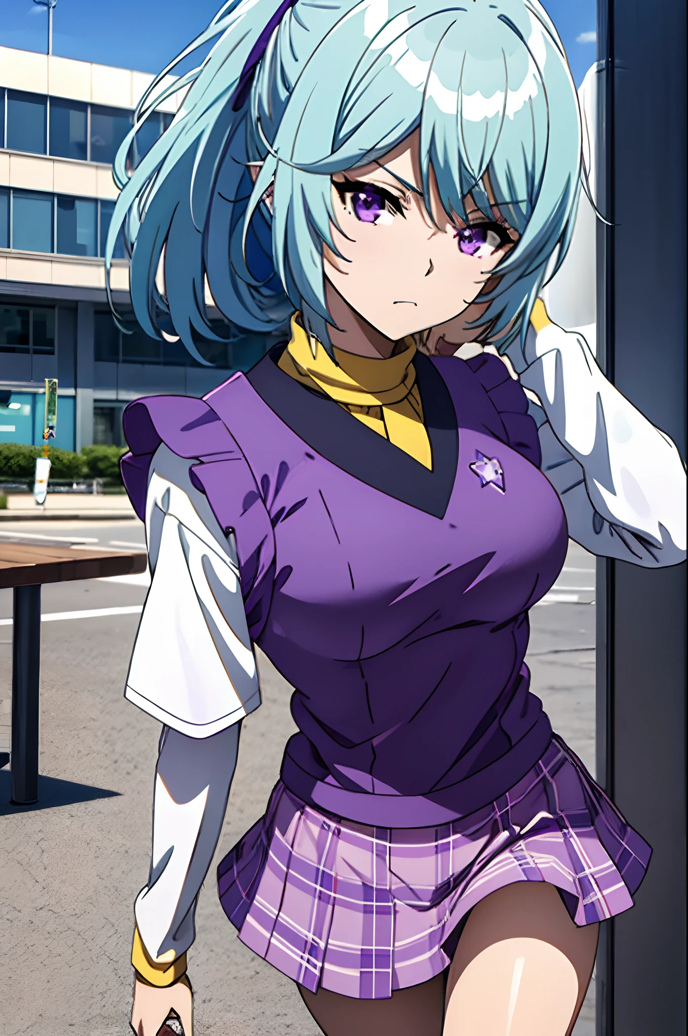 kurumu, purple eyes, blue hair, short hair, ponytail, yellow sweater vest, white shirt,green plaid skirt, red bow, necktie, purple headdress, star \(symbol\), purple hair ribbon, kurumu, purple eyes, blue hair, short hair, ponytail, yellow frilly bikini,purple headdress, star \(symbol\), purple hair ribbon <lora:kurumu_v0_3_dadap: