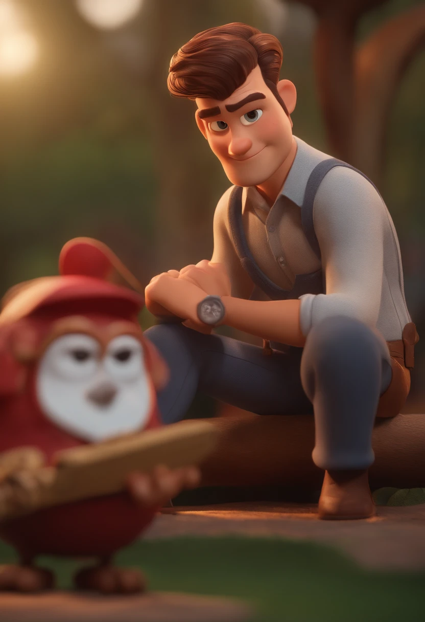 Personagem dos desenhos animados de um homem, cabelo liso castanho claro e uma camisa vermelha, animation character. Personagem 3D. 3d rendering stylized. 3 d character render. Estilo Pixar. (master part:1.2) (Bokeh) (best quality) (pele detalhada) (textura detalhada) (8k) (argila) (Cinematic lighting) (foco nítido