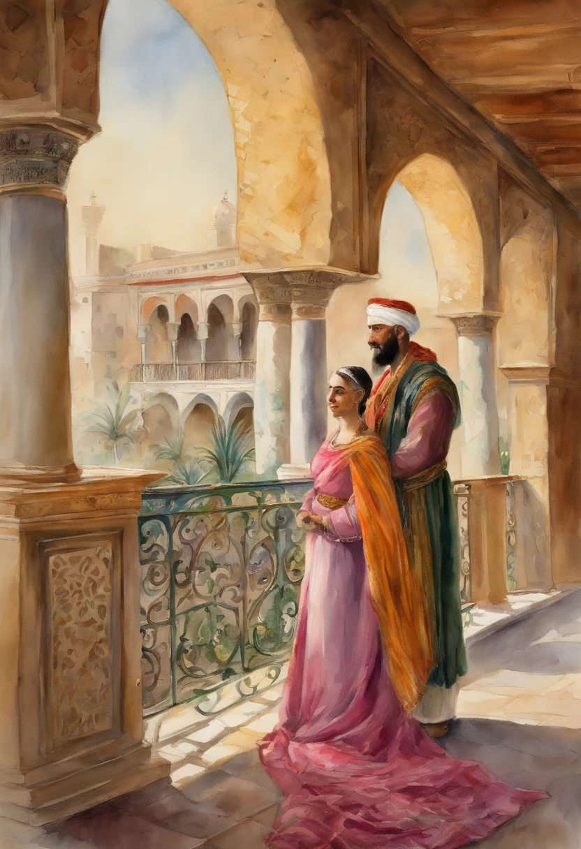 A distinguished, wonderful and beautiful oriental princess and the old white-bearded vizier stand chatting on a veranda in Damascus overlooking the palace of Harun al-Raschid