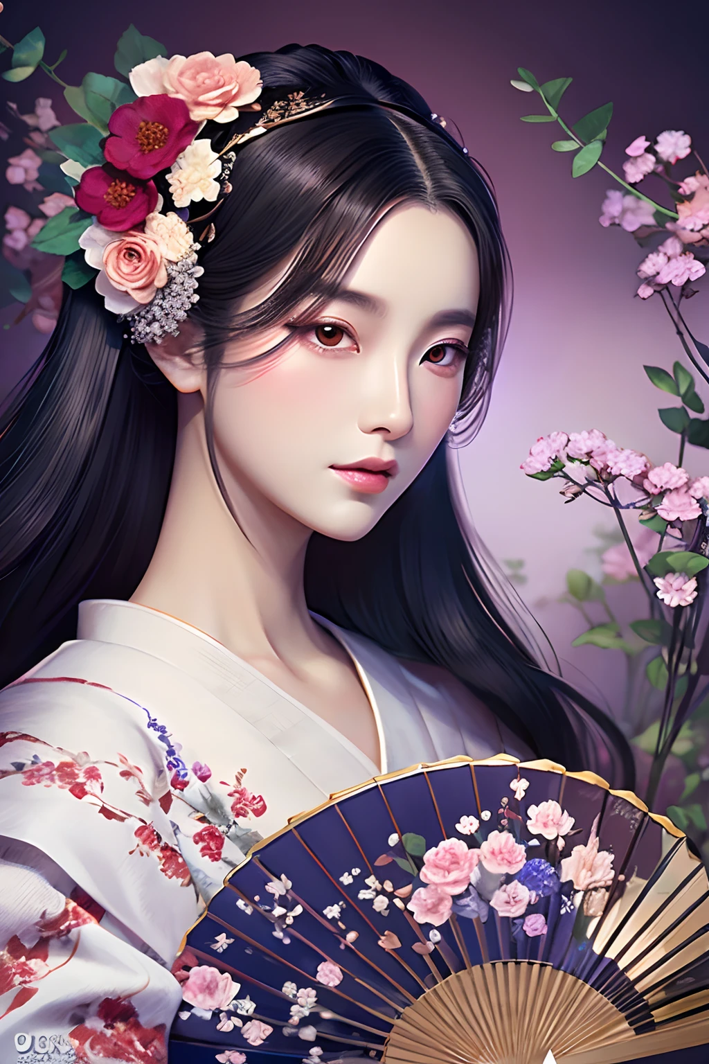 Alafed woman with fan and flowers in hair, Exquisite digital illustration, a beautiful artwork illustration, stunning digital illustration, beautiful digital works of art, inspired by Yun Du-seo, in style of digital illustration, chinese empress, portrait of geisha, a beautiful fantasy empress, beautiful digital illustrations, portrait of a beautiful geisha, portrait of geisha