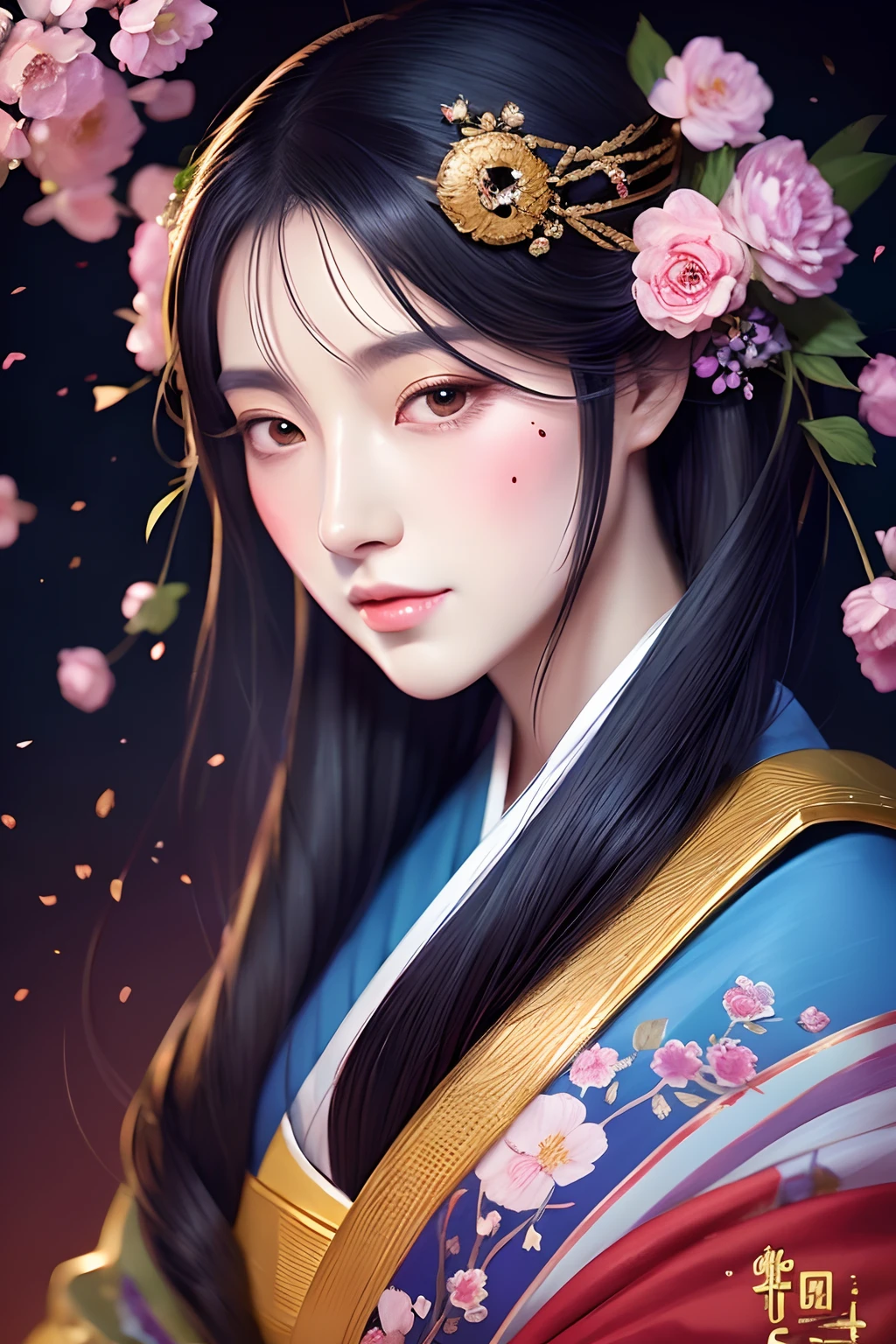 Alafed woman with fan and flowers in hair, Exquisite digital illustration, a beautiful artwork illustration, stunning digital illustration, beautiful digital works of art, inspired by Yun Du-seo, in style of digital illustration, chinese empress, portrait of geisha, a beautiful fantasy empress, beautiful digital illustrations, portrait of a beautiful geisha, portrait of geisha