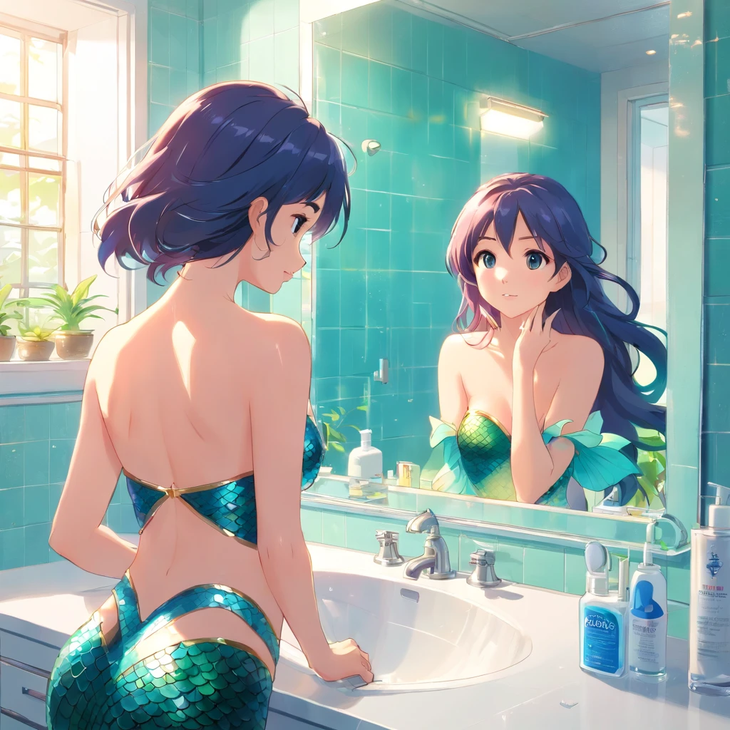 mermaid In the bright bathroom,(In the middle is a mirror:1.4),(tap:1.2),toothpaste,toothbrush,Sinks,,Super detail, High details, high qulity