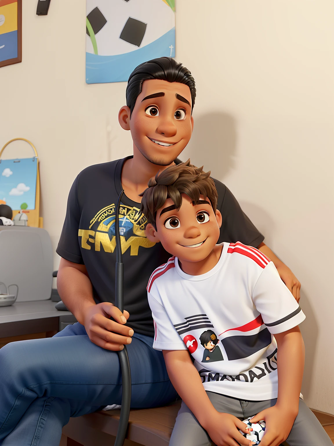 Um senhor de idade, com cabelo preto levemente crisalho, with a black t-shirt and blue jeans, sorrindo e segurando uma plaquimha com os dizeres "este aqui joga muito" com desenho de uma seta apontando para o menino, You are sitting next to your grandson, An eight-year-old boy with short hair with highlights and a t-shirt of the soccer team Sao Paulo F c holding a.Plaquimha with the symbol of St. Paul and smiling, ele ainda veste uma.bermuda marrom claro.