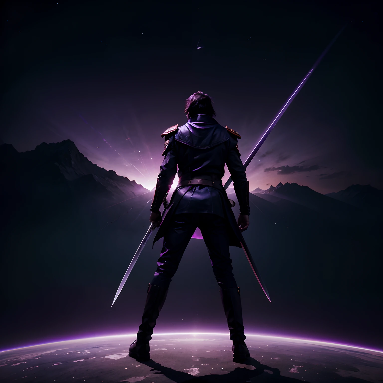 A dictator of the void standing with two swords on his back facing away from the camera view looking at a purple planet in the distance in a anime art style