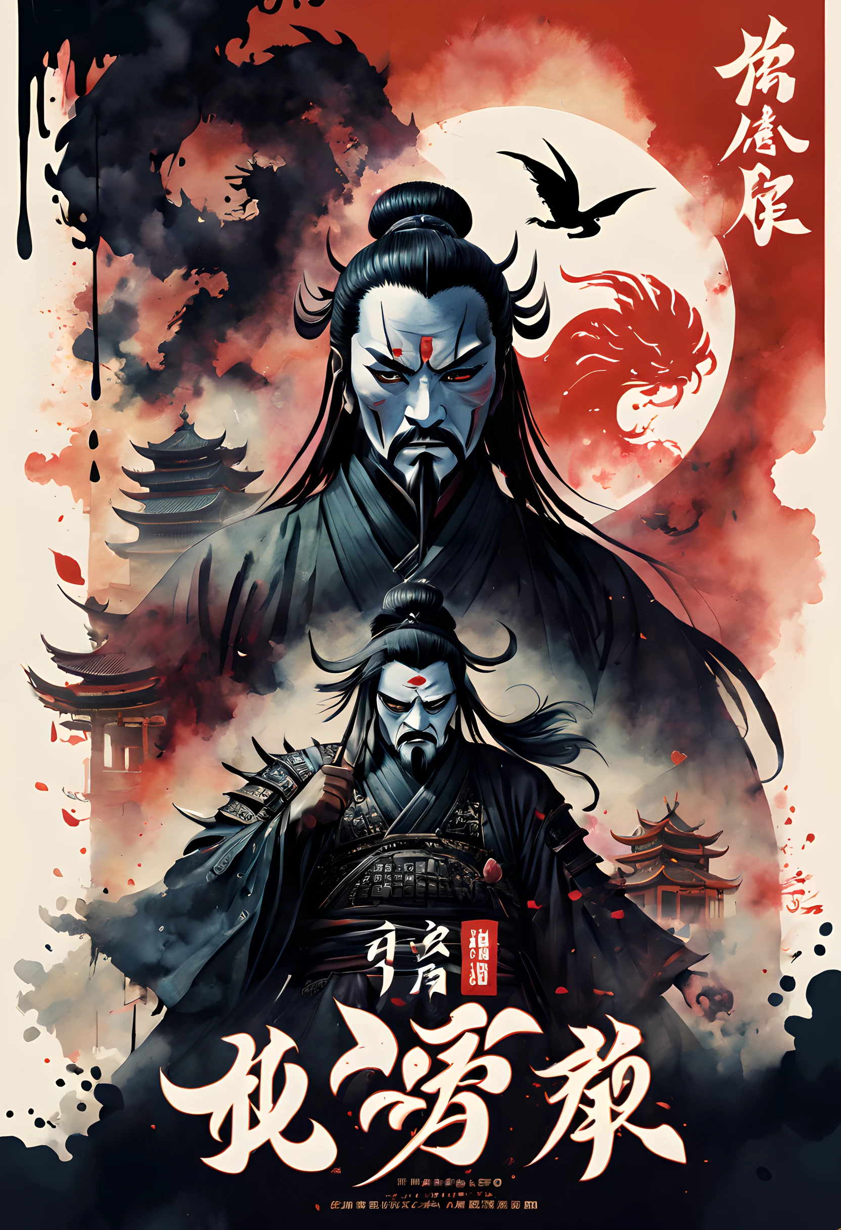 (movie poster style:1.5), (movie poster:1.5), (ink and watercolor painting:1.5), (Tasteful:1.5), (ink and watercolor painting:1.5), (Chinese style:1.5), (full color:1.5), 8k, 4k, (magic:1.5), (dripping paint;1.5), (Japanese movie poster:1.5), （Period Drama Poster:1.3), (Oda Nobunaga:1.5), (demon king:1.5), (Hannya no Face:1.5), (war:1.5), (movie title:1.5), (logo:1.5), (text:1.5), (Background of period drama:1.5), (the image half of hannya face and half of human face:1.5),((text:2)),