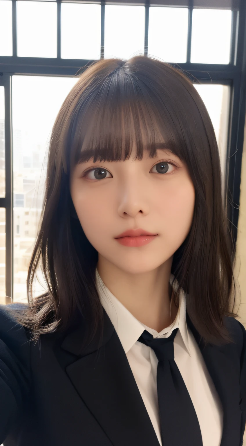 ((top-quality、8K、​masterpiece:1.5))、One girl、(Unhealthy face)、(Letter to)、Blunt bangs、(Lots of bangs:1.4)、(full body Esbian:1.4)、(Symmetrical face)、hyperdetailed face、Ultra detailed mouth、A detailed eye、Detailed ears、Slim Faces、(selfee:1.4)、(off shoulders)、(Looking Up)、(From  above)、(Straight long hair、Ahoge:1.3)、(Upper Eyes)、the background is blurred、(Black Recruit Suit、neck tie:1.3)、lipgloss、(Hotel Bed)、(natural soft light:1.3)、(Looking straight ahead:1.5)、