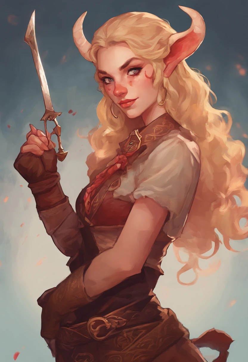 a close up of a woman with horns holding a pistol, tiefling, dnd portrait of a tiefling, tiefling female gunslinger cowboy outlaw, tiefling from d & d, attractive tiefling druid, alluring tiefling druid, tiefling rogue, blue tiefling, tiefling bard, cosmic tiefling d&d, dnd character art portrait, dnd character concept portrait. sexy and cute light red skin blonde hair