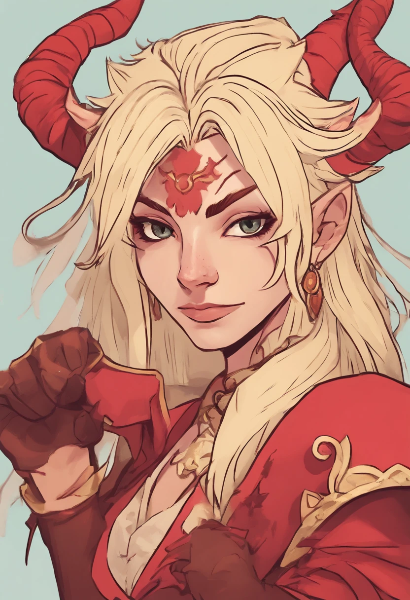 a close up of a woman with horns holding a pistol, tiefling, dnd portrait of a tiefling, tiefling female gunslinger cowboy outlaw, tiefling from d & d, attractive tiefling druid, alluring tiefling druid, tiefling rogue, blue tiefling, tiefling bard, cosmic tiefling d&d, dnd character art portrait, dnd character concept portrait. sexy and cute light red skin blonde hair