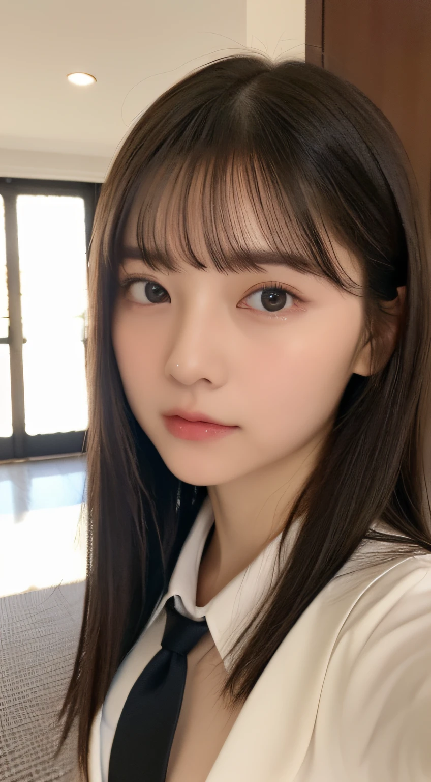 ((top-quality、8K、​masterpiece:1.5))、One girl、(Unhealthy face)、(Letter to)、Blunt bangs、(Lots of bangs:1.4)、(full body Esbian:1.4)、(Symmetrical face)、hyperdetailed face、Ultra detailed mouth、A detailed eye、Detailed ears、Slim Faces、(selfee:1.4)、(off shoulders)、(Looking Up)、(From  above)、(Straight long hair、Ahoge:1.3)、(Upper Eyes)、the background is blurred、(Black Recruit Suit、neck tie:1.3)、lipgloss、(Hotel Bed)、(natural soft light:1.3)、(Looking straight ahead:1.5)、