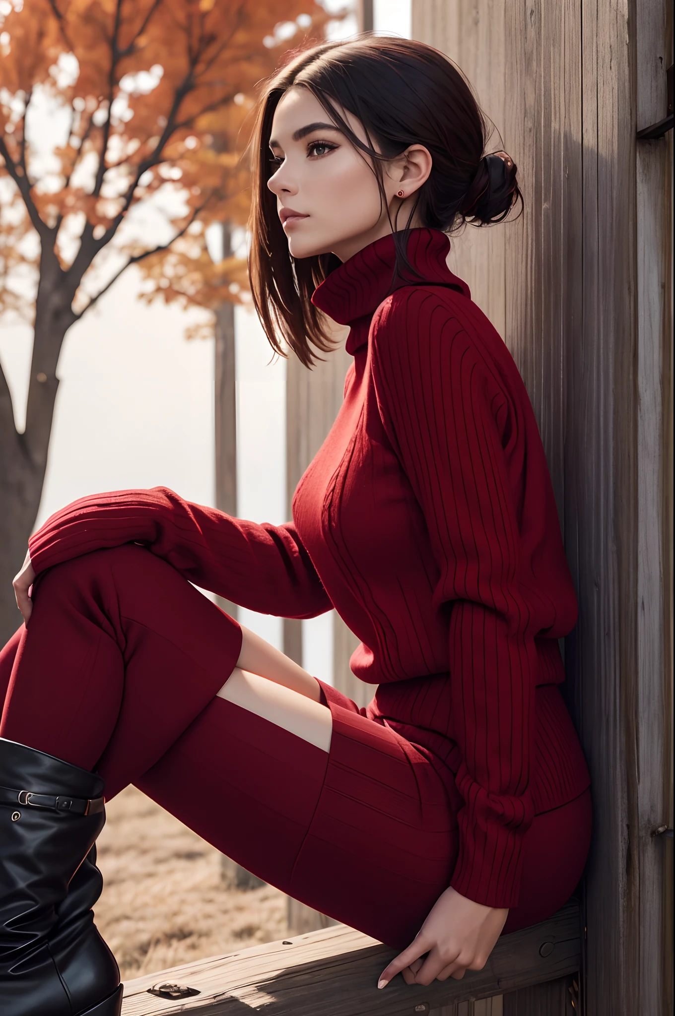 araffe woman sitting on a fence in a red sweater and black boots, wearing a red turtleneck sweater, perfectly poised, casual pose, wearing a red outfit, attractive pose, shot from the side, thoughtful pose, full length shot, striking pose, cinematic full shot, very artistic pose, voluminous sleeves, cool pose, leaning against the wall