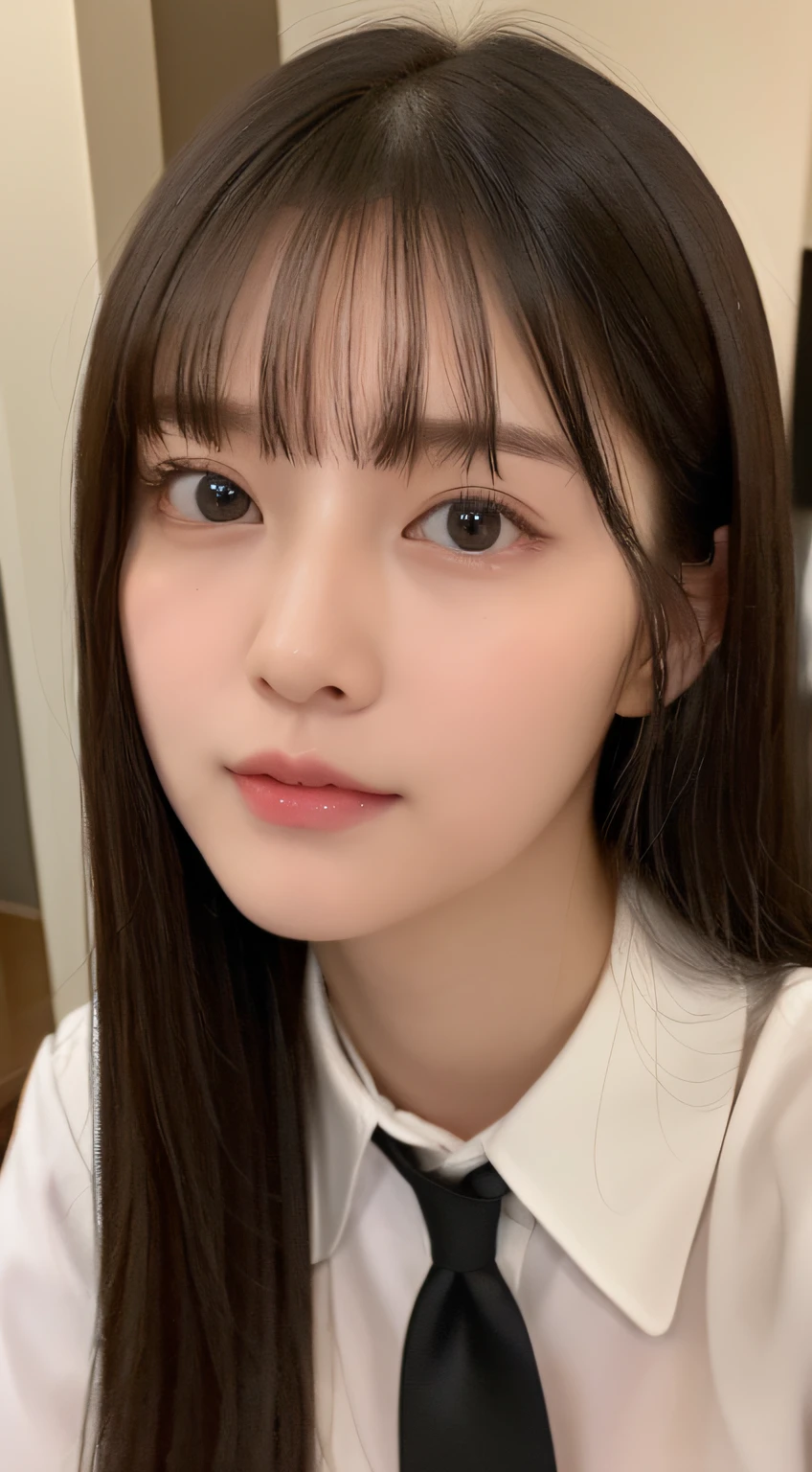 ((top-quality、8K、​masterpiece:1.5))、One girl、(Unhealthy face)、(Letter to)、Blunt bangs、(Lots of bangs:1.4)、(full body Esbian:1.4)、(Symmetrical face)、hyperdetailed face、Ultra detailed mouth、A detailed eye、Detailed ears、Slim Faces、(selfee:1.4)、(off shoulders)、(Looking Up)、(From  above)、(Straight long hair、Ahoge:1.3)、(Upper Eyes)、the background is blurred、(Black Recruit Suit、neck tie:1.3)、lipgloss、(Hotel Bed)、(natural soft light:1.3)、(Looking straight ahead:1.5)、