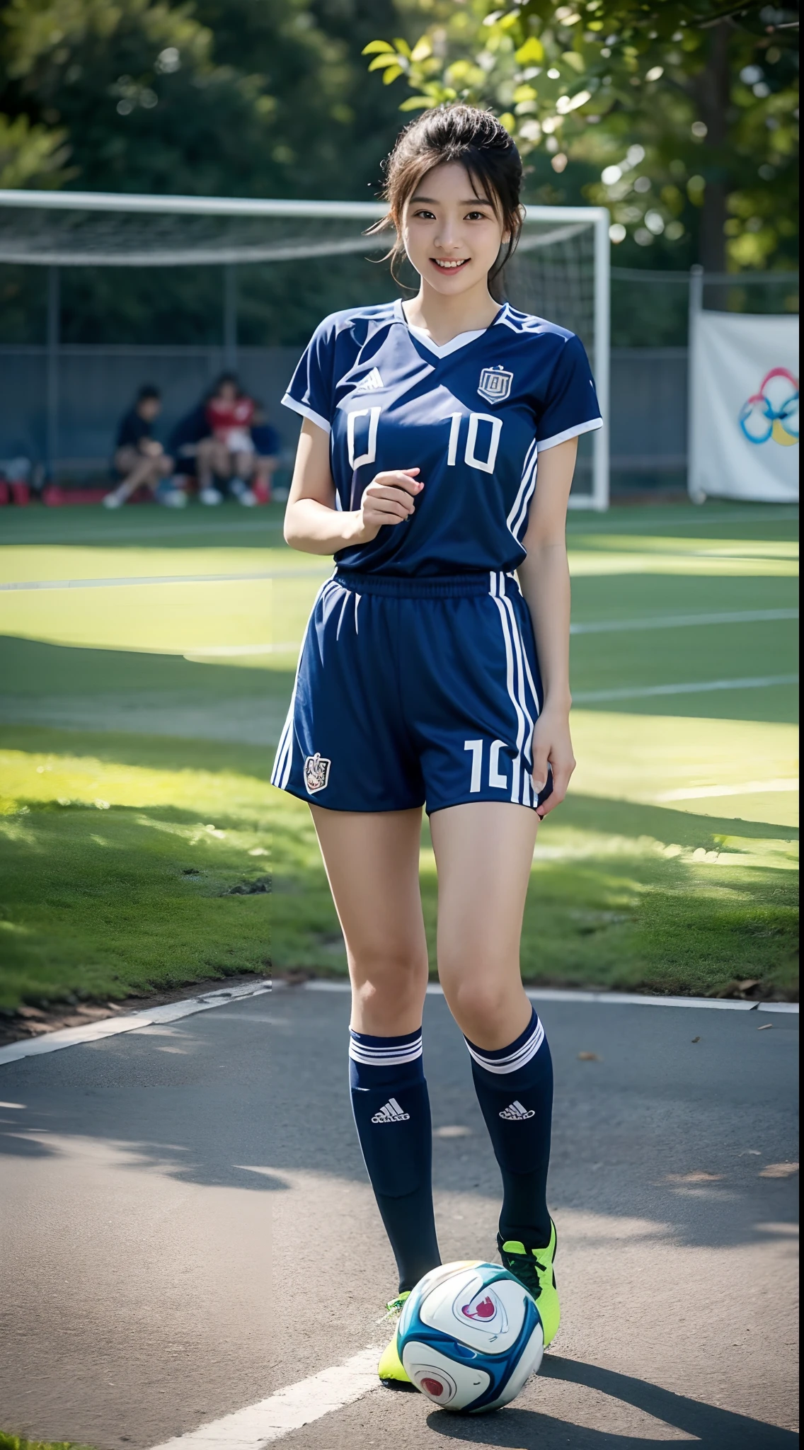 Holding a soccer ball in your hand、A photo at a soccer field、Blue Football Uniform、Japan National Football Team、Big breasts that can be seen even through the uniform、Braided hair only for the bangs((National Stadium))、Full body photo、smile、 Caustics、Highly detailed photos、Very beautiful eyeedium Short Hair、Large Breasts、Super no makeup、(8k、RAW Photos、highest quality、masterpiece:1.2)、(Realistic、Realistic)、1 girl、((Medium Short Hair、Looking into the camera:1.4))、