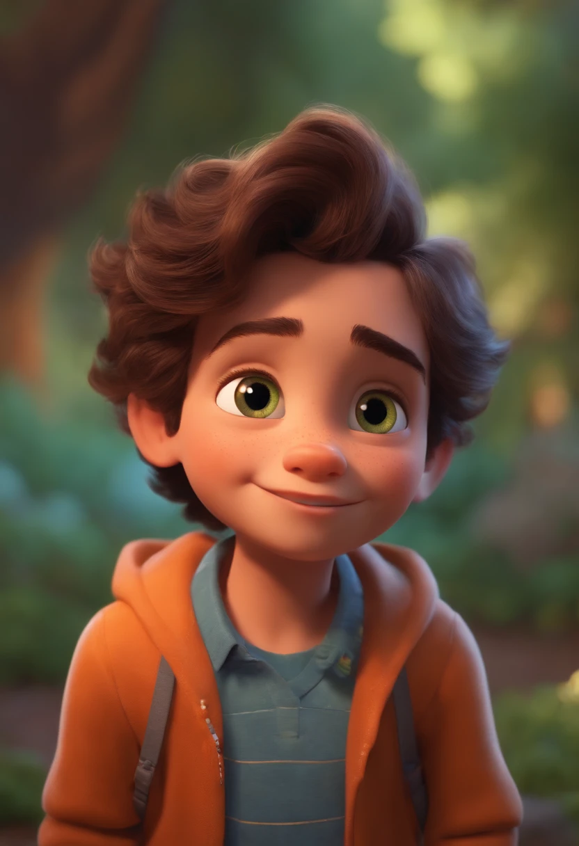 Image of a boy for a story in a YouTube video in Pixar format, He's the little allabester, He's the class leader, He's outgoing, Playful and gets up for a lot of things, cabelo curto
