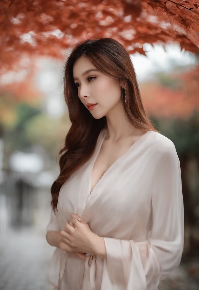 ((best qualtiy,8k,tmasterpiece:1.3)),Sharp focus:1.2,Beautiful Women in Perfect Shape:1.4,Slim belly:1.2,((Layered Hair Style,big cleavage breasts:1.2)),(no-bra)(Small but beautiful hard)(Thin, damp buttons,Up to the length of the shirt:1.1),(White shirt wet by rain),(Sateen,the street:1.2),wetbody:1.1,Highly Detailed Face and Skin Textur, 詳細な目,二重まぶた,There is a red maple tree in autumn in Kyoto in the background