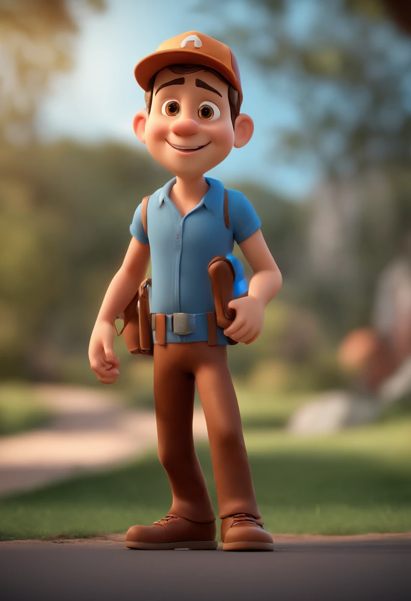 Cartoon character of a man wearing cap and a blue shirt, um personagem animado, Caractere estilizado, animation style rendering, 3D estilizado, Arnold Maya render, 3 d render stylized, toon render keyshot, Personagem 3D, Personagem 3D, 3d rendering stylized, 3 d character render, personagem de desenho animado, Personagem de close up, Pose de personagem, (Estilo Pixar) (master part:1.2) (Bokeh) (best quality) (pele detalhada) (textura detalhada) (8k) (argila) (Cinematic lighting) (foco nítido，Senta e vaza a parte superior do corpo