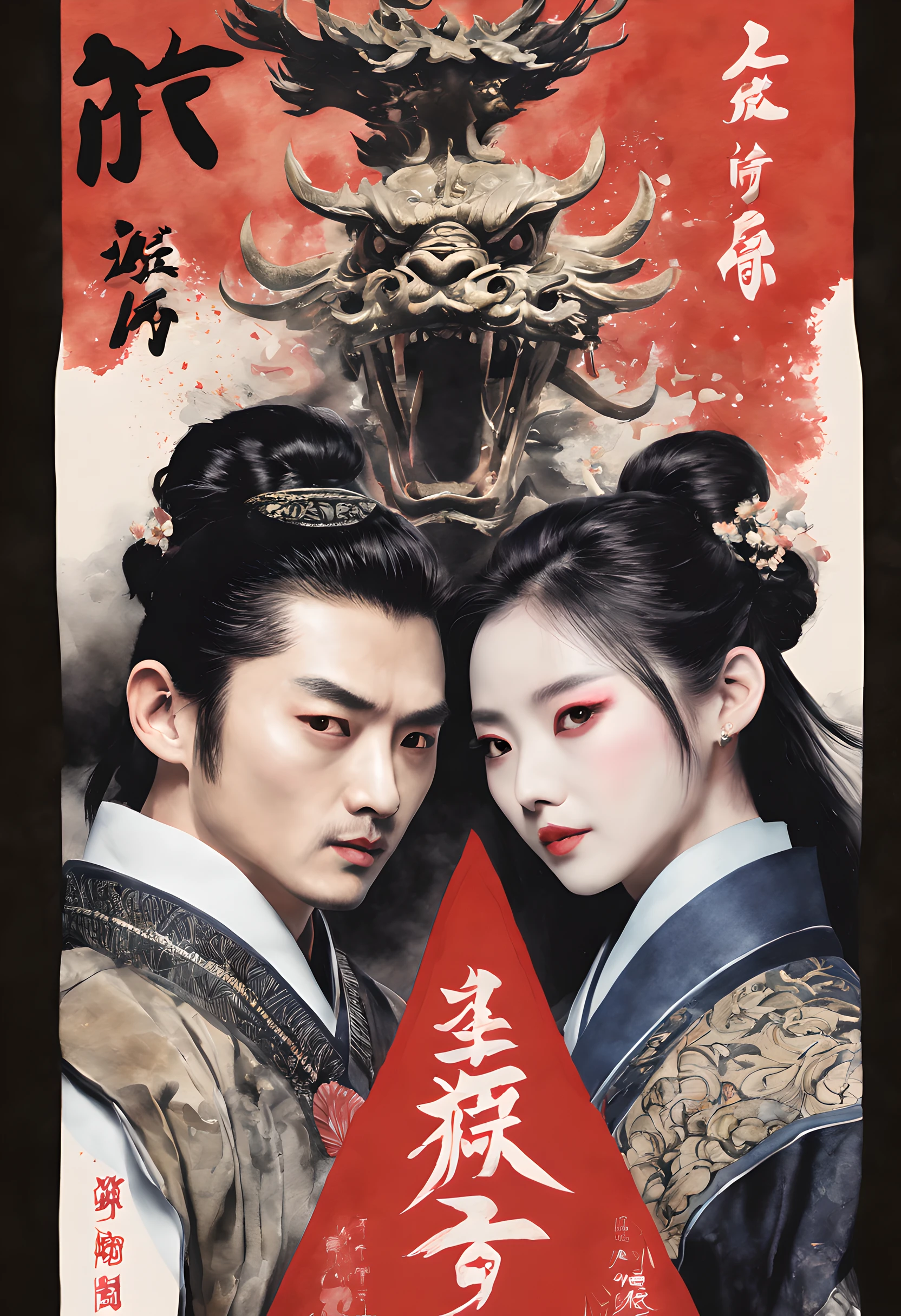 (movie poster style:1.5), (movie poster:1.5), (ink and watercolor painting:1.5), (Tasteful:1.5), (ink and watercolor painting:1.5), (Chinese style:1.5), (full color:1.5), 8k, 4k, (magic:1.5), (dripping paint;1.5), (Japanese movie poster:1.5), (Period Drama Poster:1.3), (Oda Nobunaga:1.5), (demon king:1.5), (Hannya no Face:1.5), (war:1.5), (movie title:1.5), (logo:1.5), (text:1.5), (Background of period drama:1.5), (the image half of hannya face and half of human face:1.5),((text:2)),