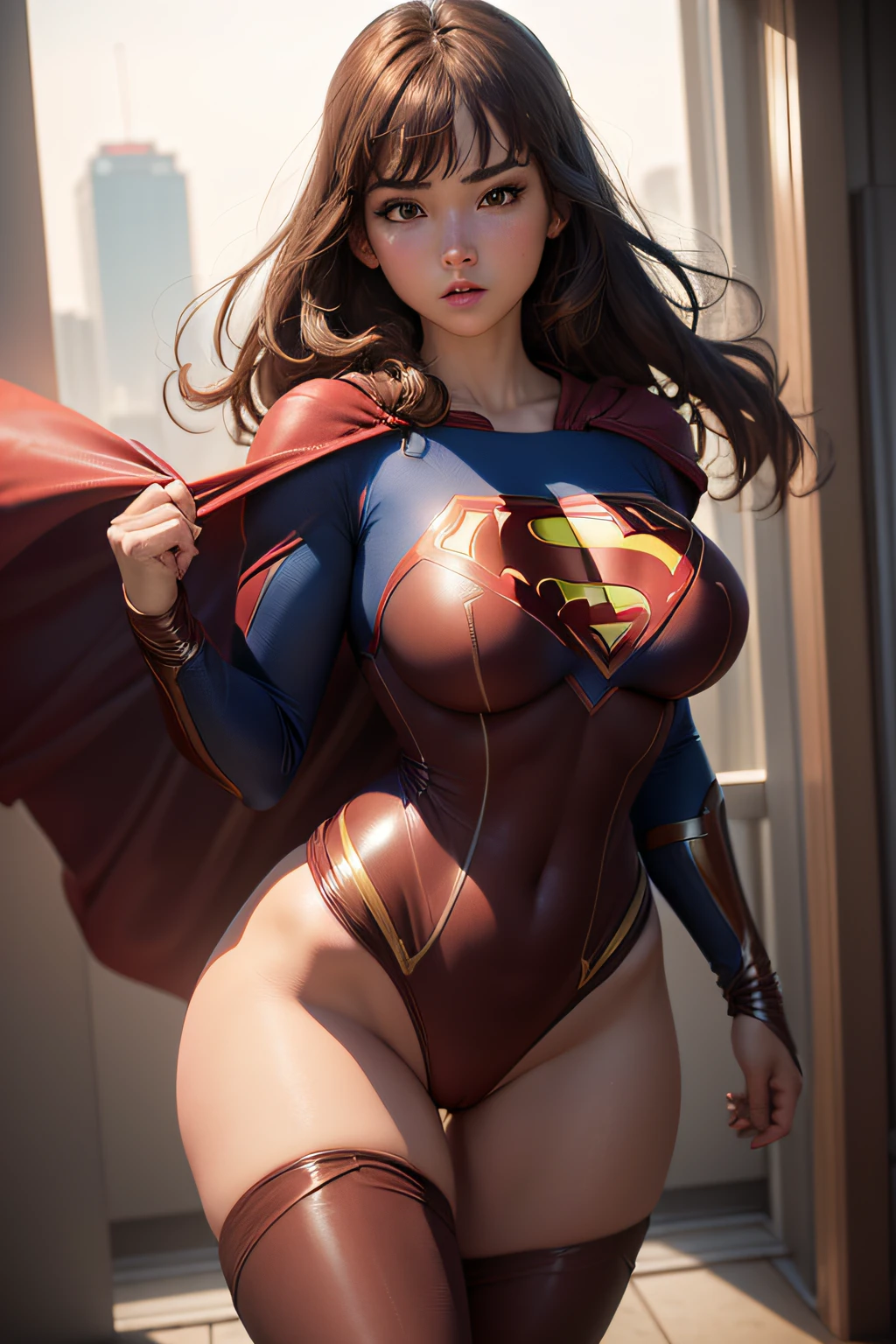 Ultra-detailed, realisitic: 1.2, Superhero Girl, 18 years-old, large full breasts, Full-body shot,Dressed up (Lingerie Supergirl Suit), Exposed breast, Korean idol faces, large full breasts,  ((Spandex Suit, Troso Tight Bodysuit)), ((Dark-brown hair, Big breasts: 1.4)), Extra-thin bodysuits