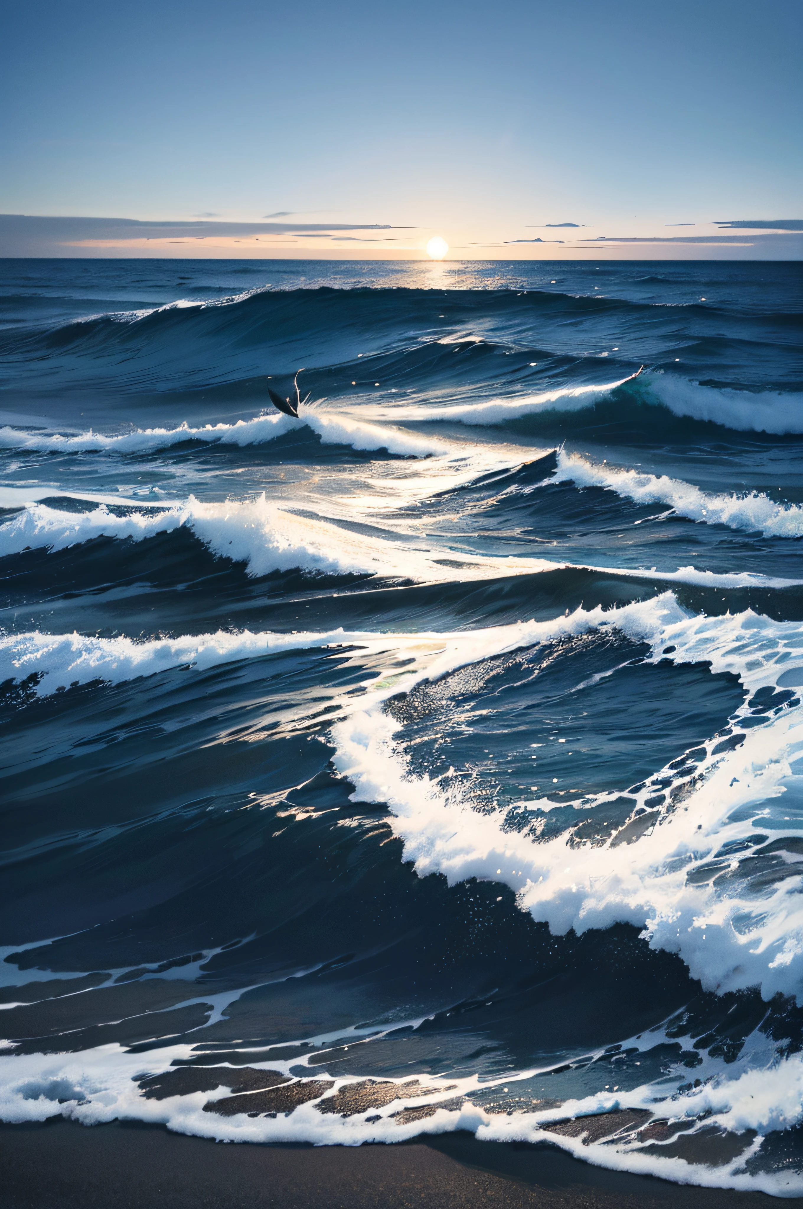 Immerse yourself in the serene beauty of a realistic painting, where a masterful artist skillfully captures the essence of a tranquil beach at night. The deep blue sky serves as a canvas for a full, radiant moon that casts its enchanting reflection upon the waves gently caressing the shore. The artist's meticulous attention to detail comes alive in the textured brushstrokes that bring the waves to life, while the interplay of light and shadow adds depth to the scene. Experience the artistry as the moon's brilliance graces the entire composition, evoking a sense of depth and authenticity. This captivating, calming artwork transports you to an empty beach, where a few contemplative seagulls add to the sense of mystery and wonder