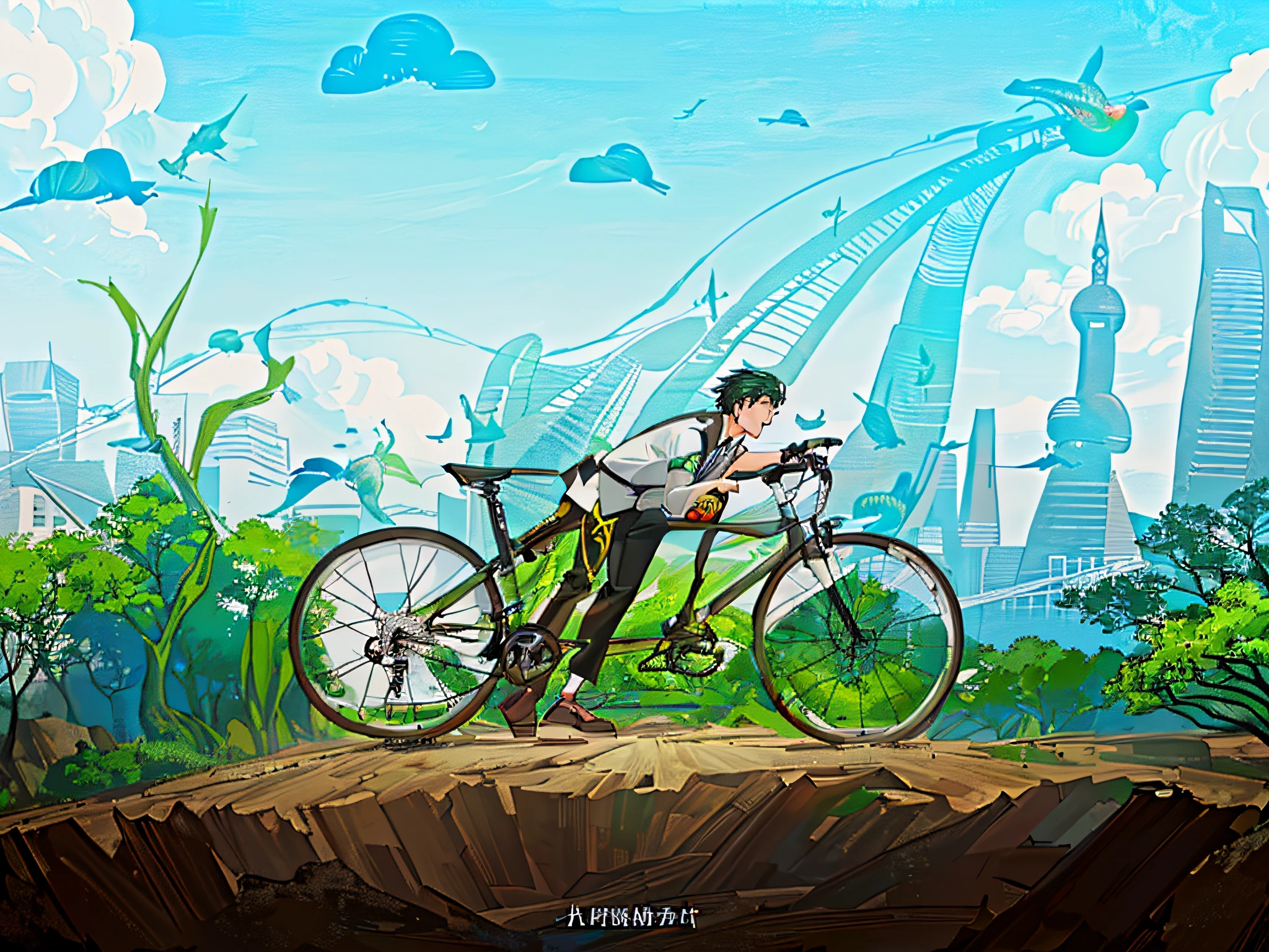 A boy rides a bicycle，On a tree-lined road, There are birds flying freely，Where the birds fly，Leave a rainbow behind，In the background is the Oriental Pearl of Shanghai and a number of other buildings。