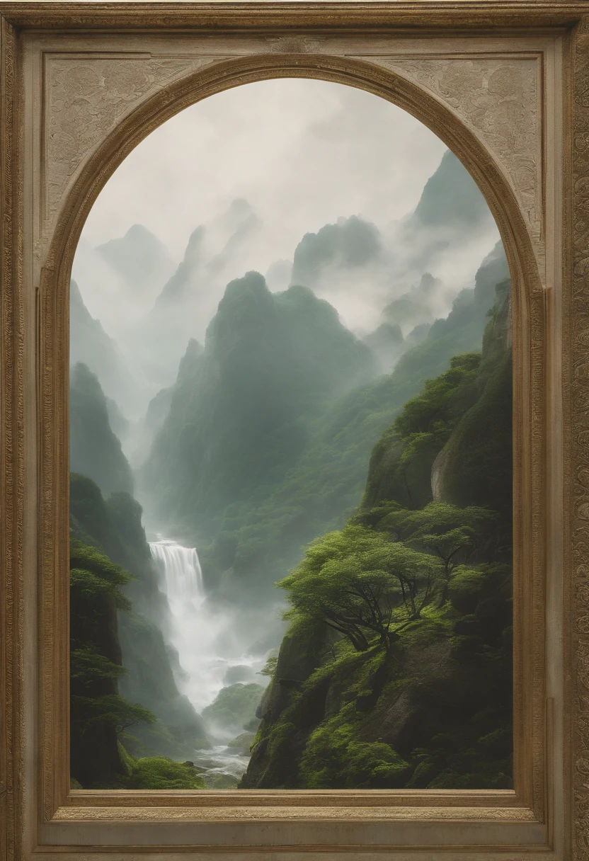 ew album with hk by lil _he & yu_liu, in thestyle of naturalistic rendering, organic flowing forms, lightwhite and light emerald, caspar david friedrich, yanjuncheng, flatness of surface, green and gray --ar 3:4 --s 750