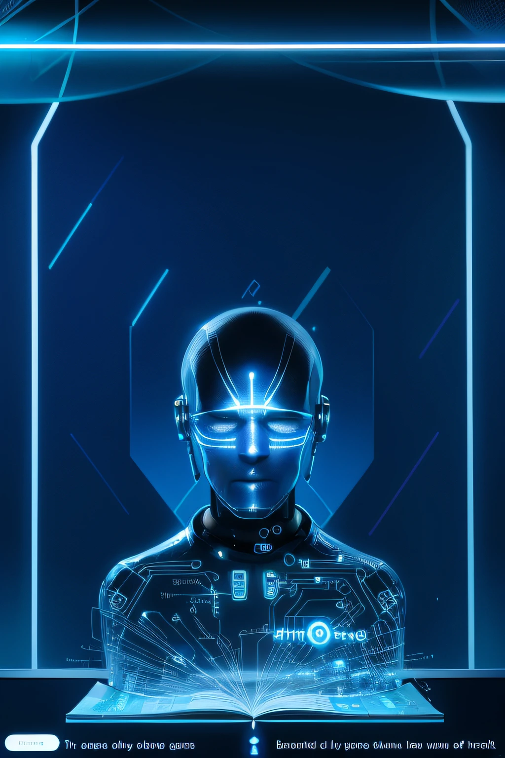 Blue background with a book and head with circuits, circuitry visible in head, Artificial intelligence, with ai theme, strong artificial intelligence, ai researcher, portrait of an ai, endless collaboration with ai, your personal data avatar, portrait of an android, data holograms, digital concept art illustration, integrated synthetic android, Digital Human, detailed face of an android