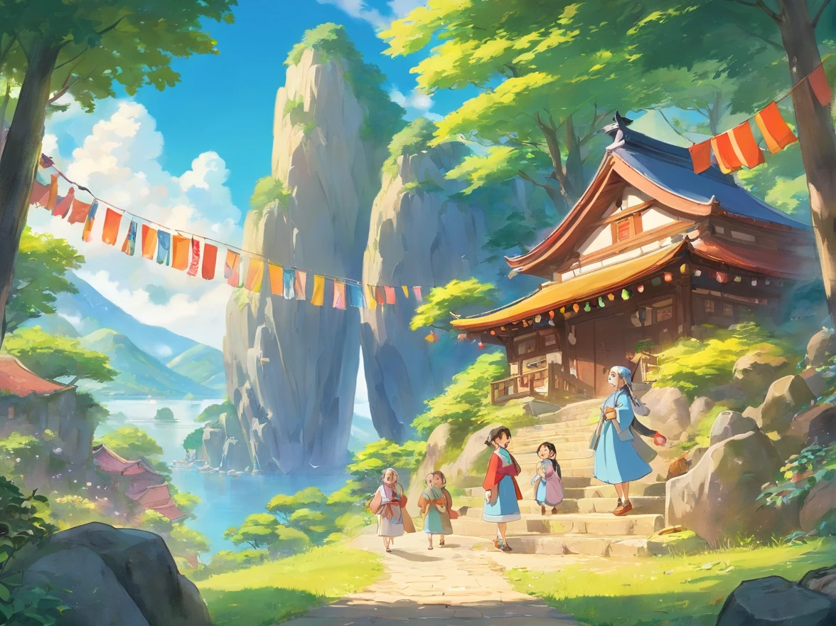 The festival scene depicts a joyful and lively atmosphere。The whole village is dressed up with blue skies and white clouds，Colorful bunting flutters in the air，The villagers are dressed in Zhuang costumes，With a smile of joy and anticipation，Together。In the middle of the village stands a mysterious cave，The light at the entrance of the cave is warm，It emits a beautiful glow。
