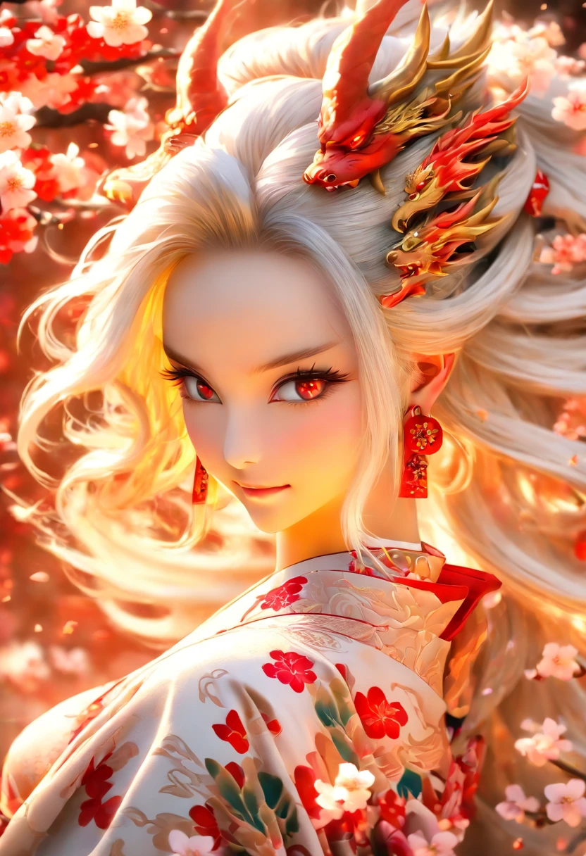 The most beautiful and sexy dragon princess, Long white hair, Red eyes, Dressed in the most beautiful,The most exquisite kimono, Lots of tattoos and piercings, Cherry blossoms fluttering in the wind, highly detailed back ground, Perfect masterpiece, High quality, high resolution