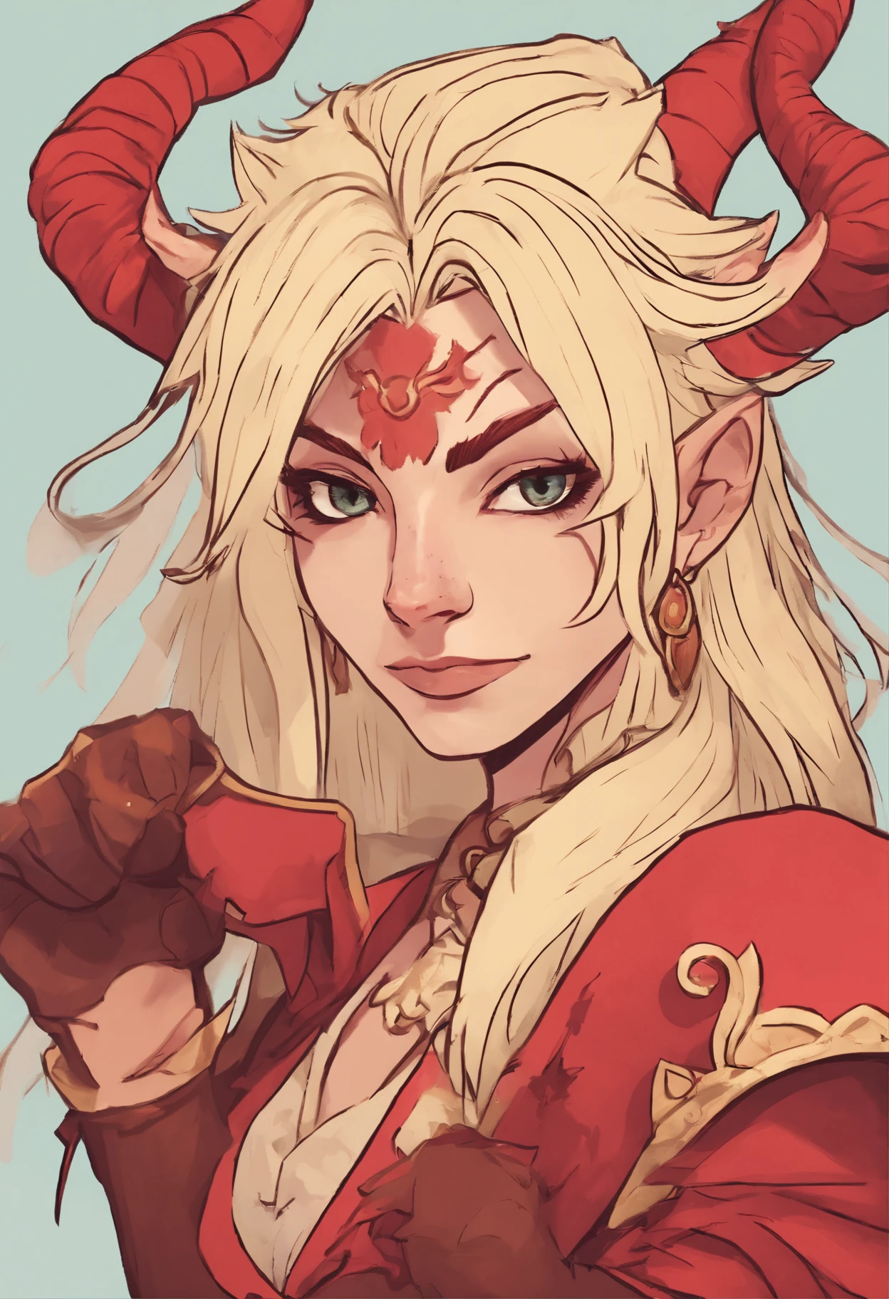 a close up of a woman with horns holding a pistol, tiefling, dnd portrait of a tiefling, tiefling female gunslinger cowboy outlaw, tiefling from d & d, attractive tiefling druid, alluring tiefling druid, tiefling rogue, blue tiefling, tiefling bard, cosmic tiefling d&d, dnd character art portrait, dnd character concept portrait. sexy and cute light red skin blonde hair
