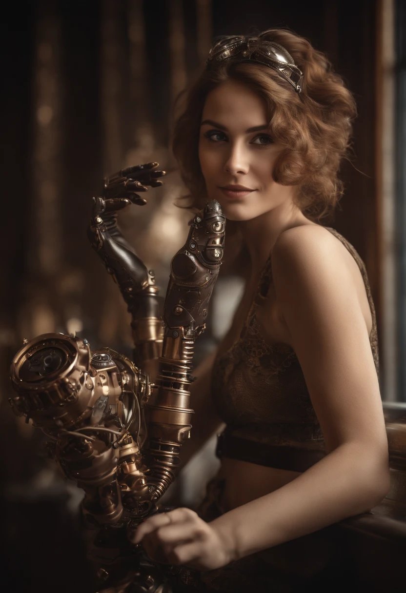 Smiling 1girl with steampunk bionic hands, Shot in ultra-high resolution with photorealistic and beautiful lighting. This masterpiece is of the best quality and is set against an abstract zentangle background (Level 1 weighted.4). Mechanical arms, Naked, Topless, Sexy,
