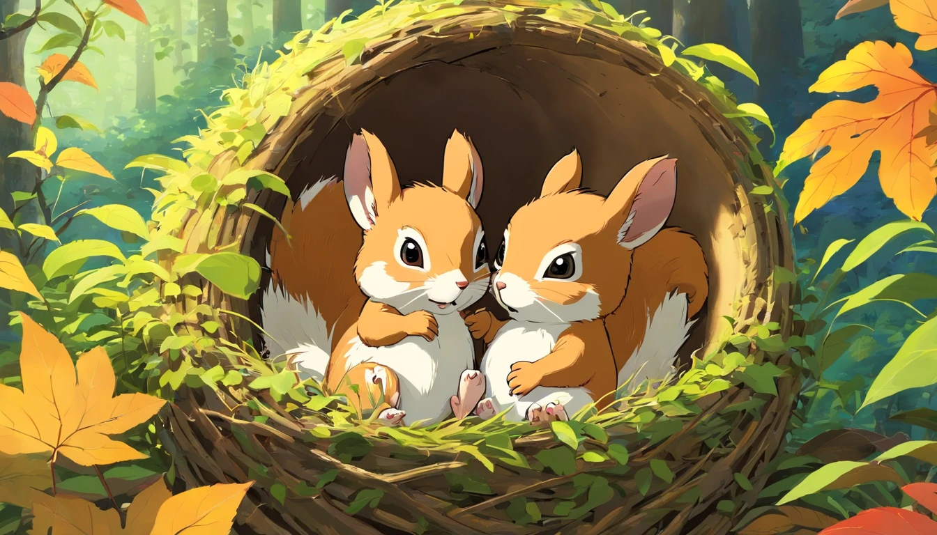 The baby squirrel returns to its nest,Curl up in your furry tail and fall asleep