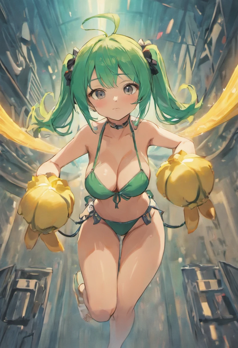 high_quality, very_high_resolution, large_filesize, full_color, best_quality, super_high_res, anime_style, portrait of Lala Manaka, litle elementary school girl, blue-green hair twintails, flat chest, squatting in front spread the legs, eating banana, black thighhighs, wearing black micro bikinis.